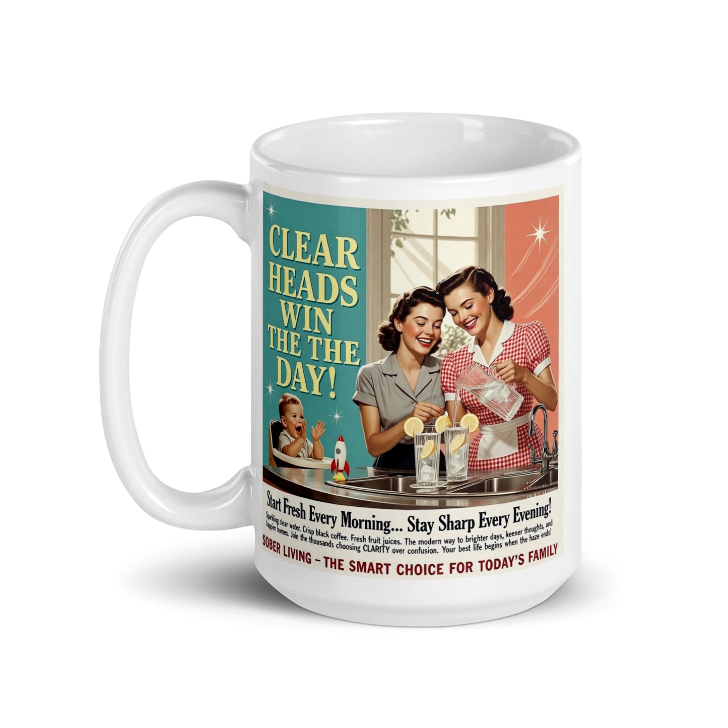 Mug with retro design featuring two women and text on a white background. Stay fresh, stay sharp.