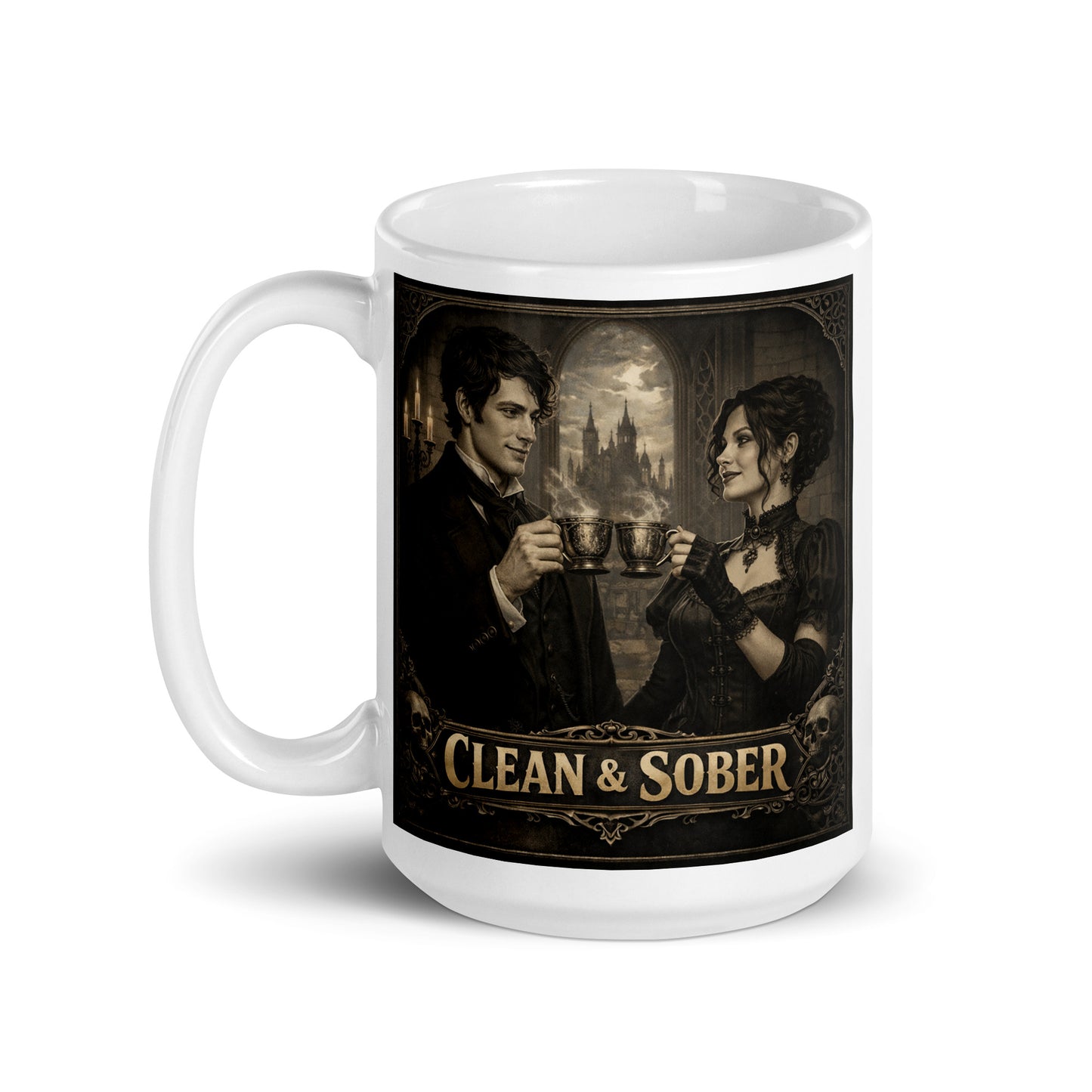 Mysterious and intriguing Victorian gothic clean and sober coffee mug design featuring elegant 19th century couple sharing coffee in dark academia cathedral setting with vintage recovery theme.