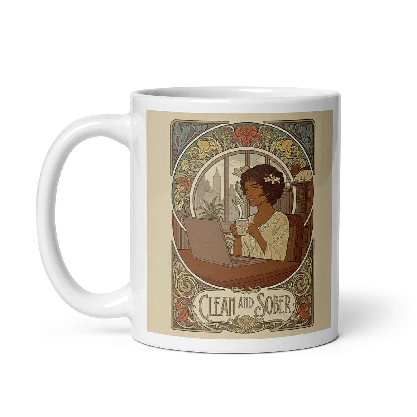 Art Nouveau style coffee mug featuring a Black woman with flowers in her hair sitting at a desk with a laptop and coffee cup, framed by ornate botanical scrollwork with "Clean and Sober" in vintage lettering