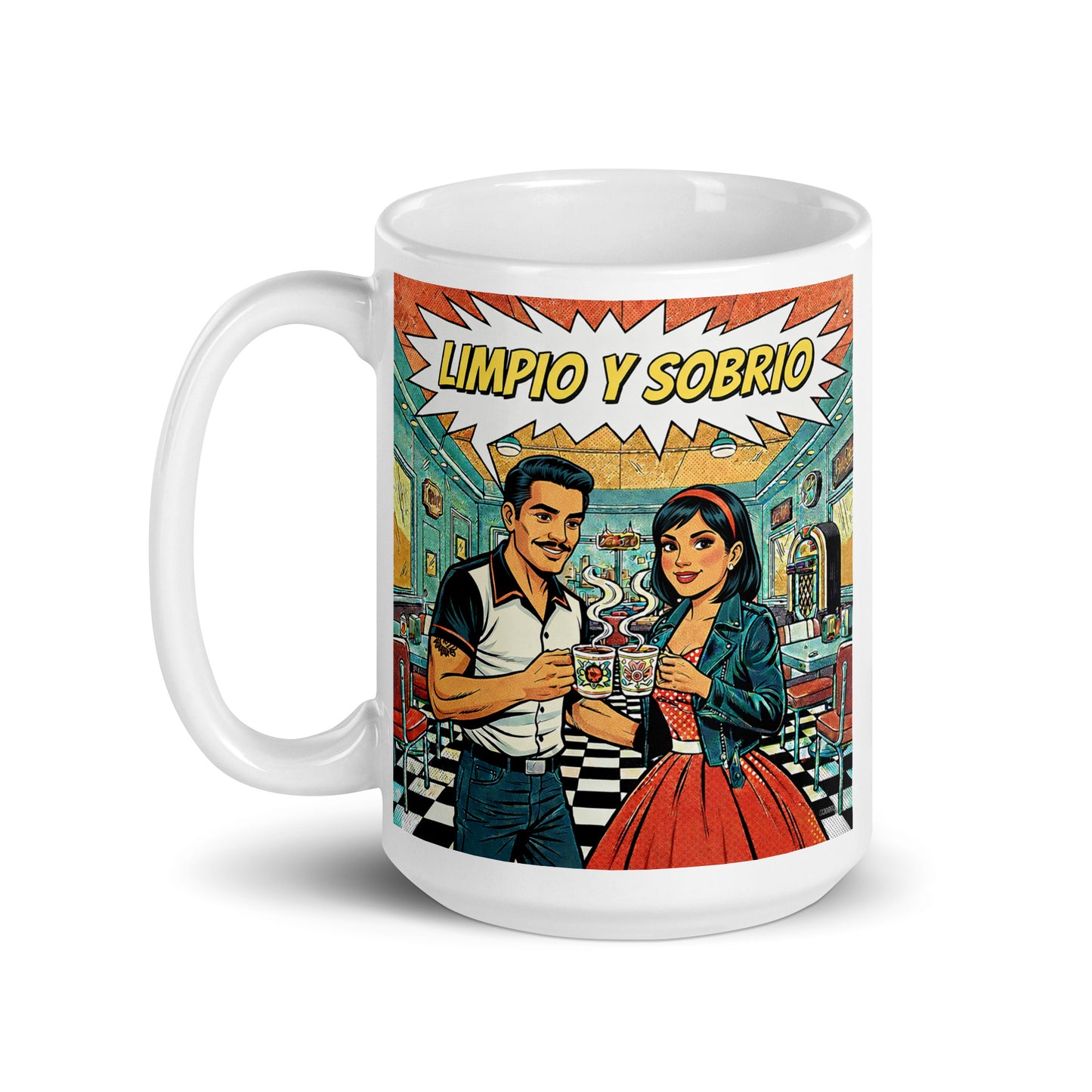 Hermosa y convincente Diseño retro rockabilly en español para taza de café con pareja latina en un diner vintage brindando con café y texto “Limpio y Sobrio”, inspirado en la recuperación y la vida sin alcohol.