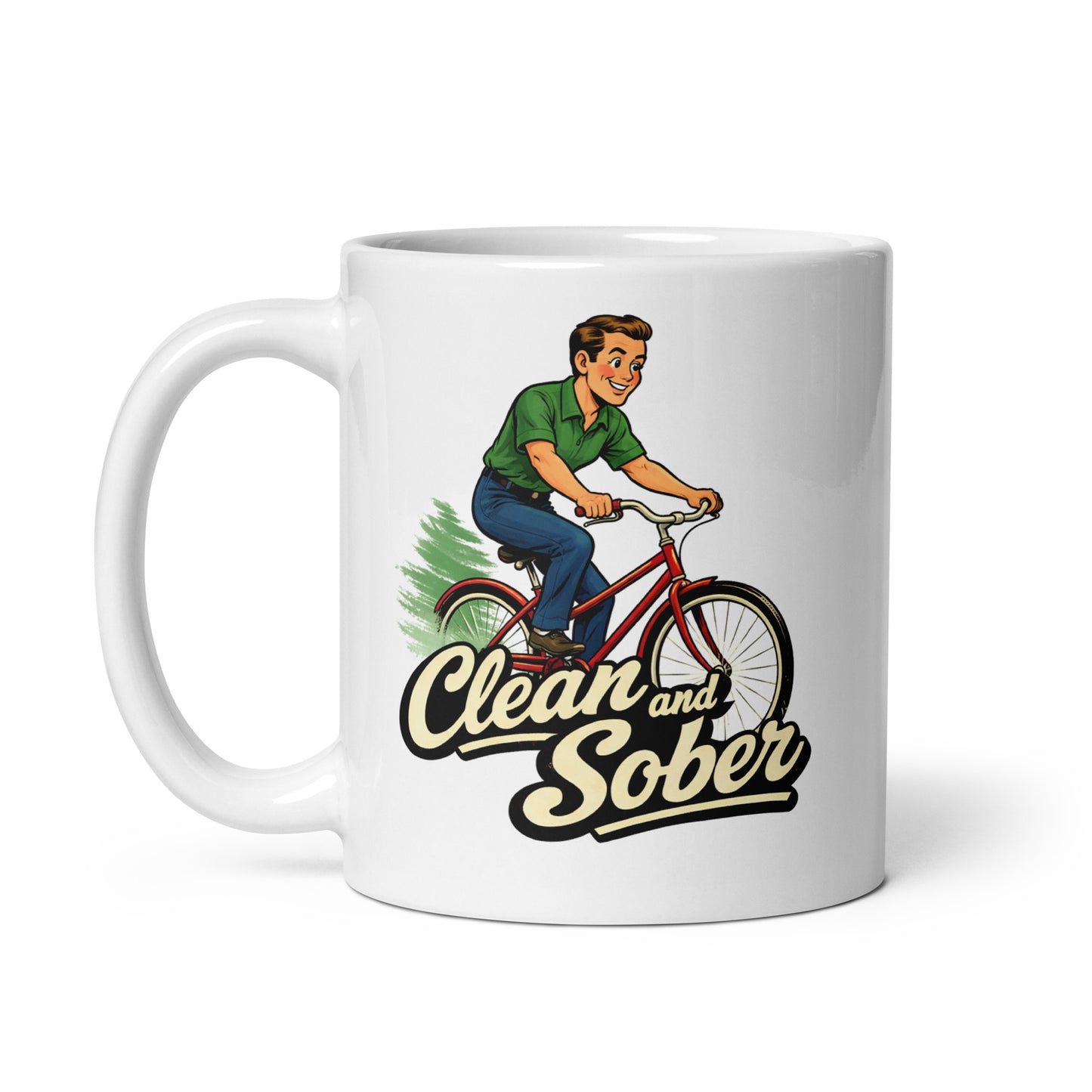 Minimalist 1950s retro clean and sober coffee mug design featuring a smiling man riding a red bicycle with vintage typography and recovery themed artwork.
