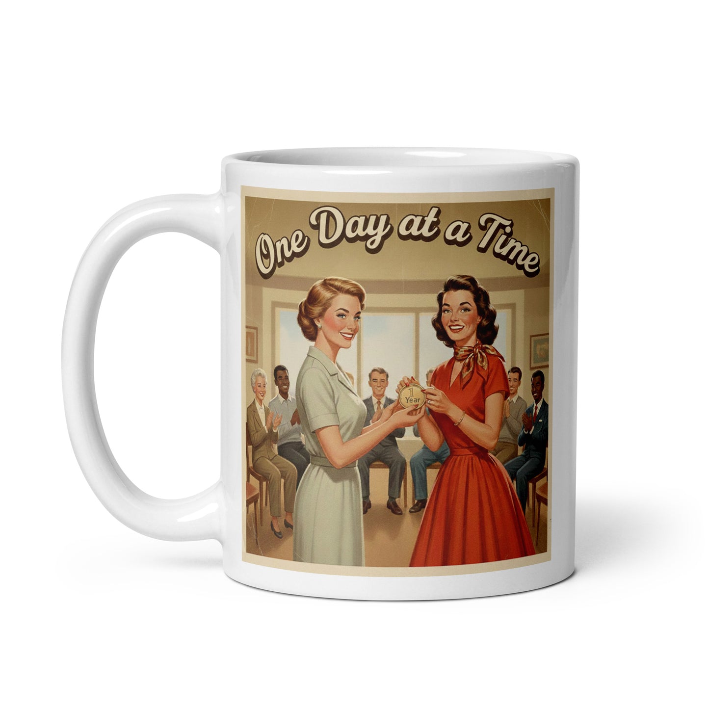 Vintage style 1950s retro one day at a time sobriety coffee mug design featuring women celebrating a one year recovery milestone with supportive group and vintage artwork.