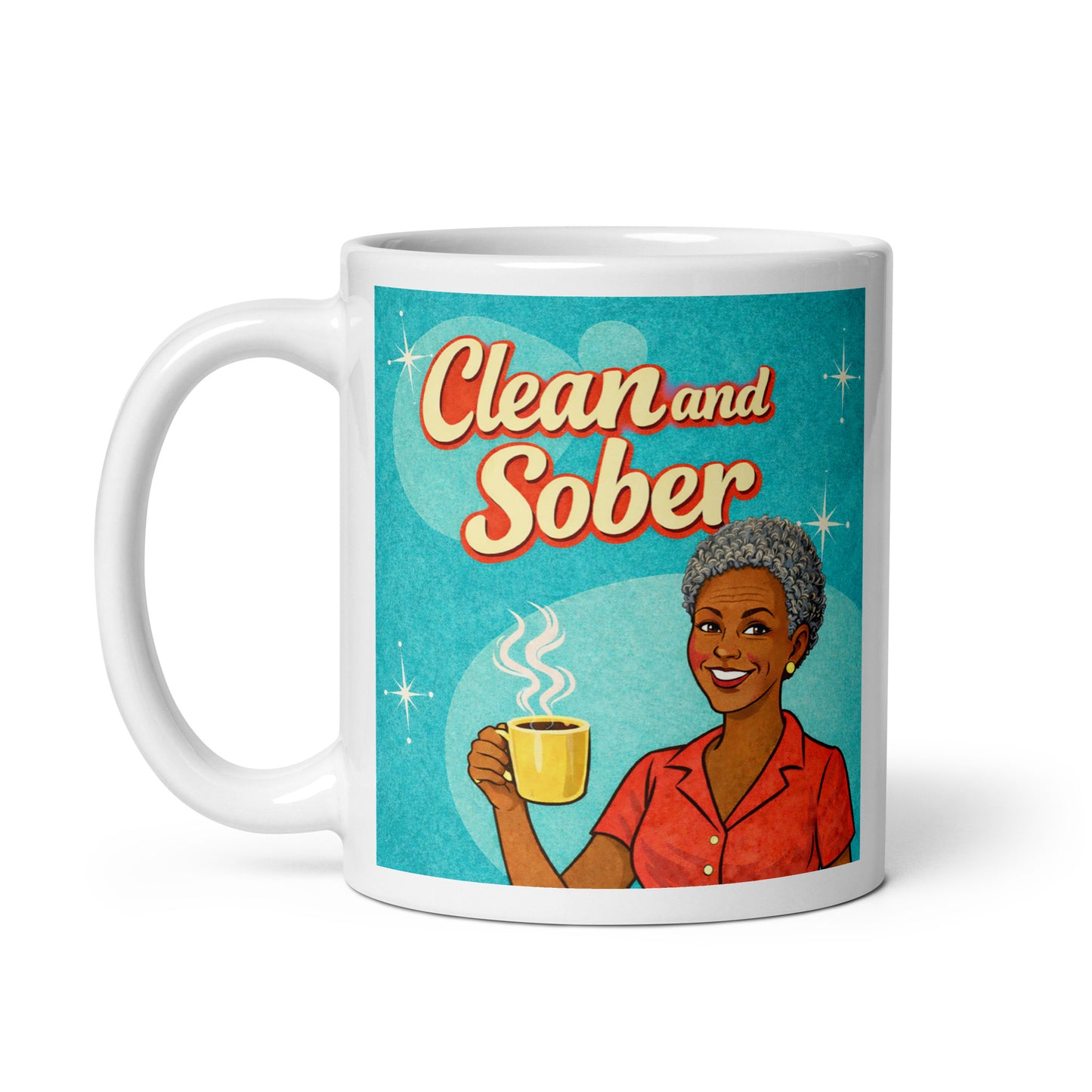 1950s retro clean and sober coffee mug design featuring smiling woman holding coffee with atomic mid-century background.