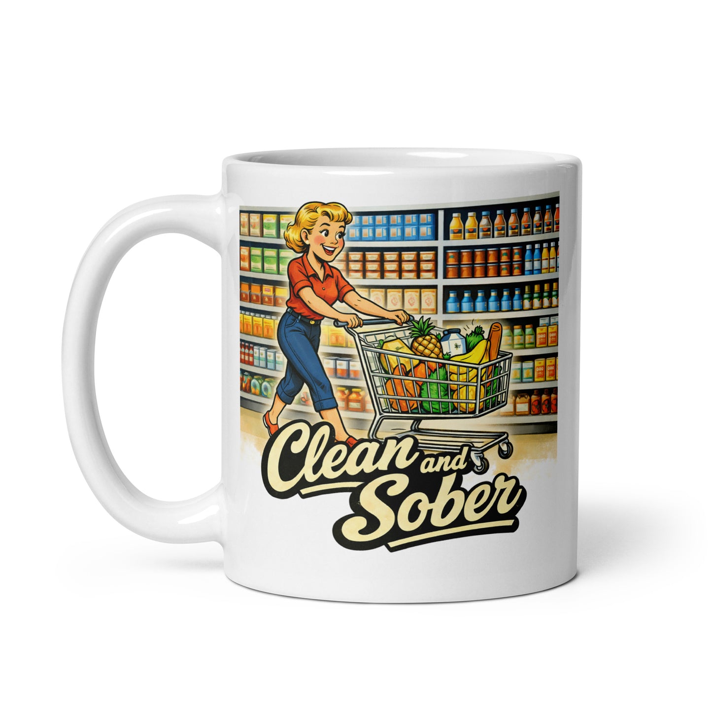 Cool looking Clean and Sober Retro Coffee Mug – 1950s Grocery Store Mug – Vintage Recovery Gift – Healthy Living Inspirational Coffee Cup