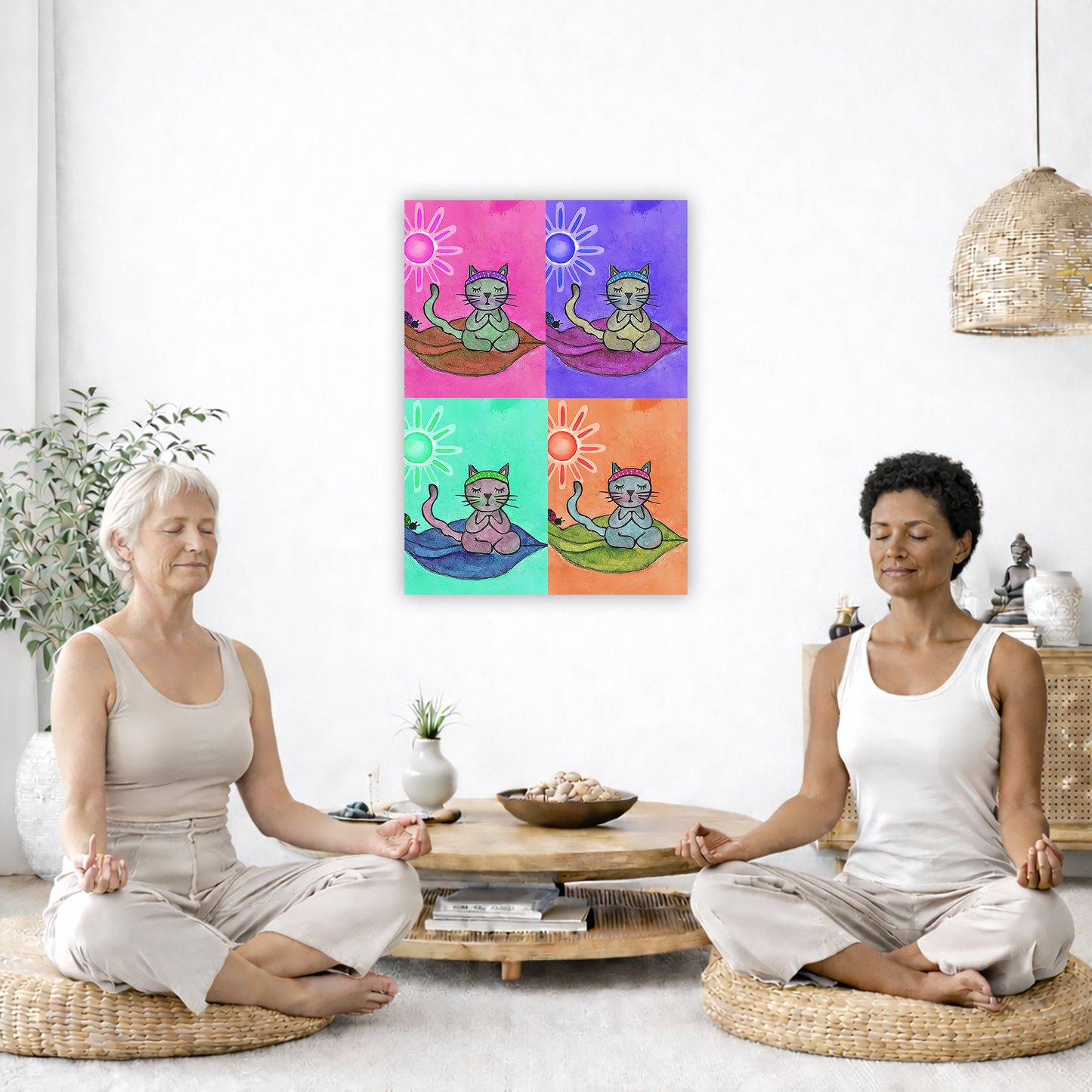 Meditating Cat Color Grid – Vibrant Mindfulness Cat Art Print