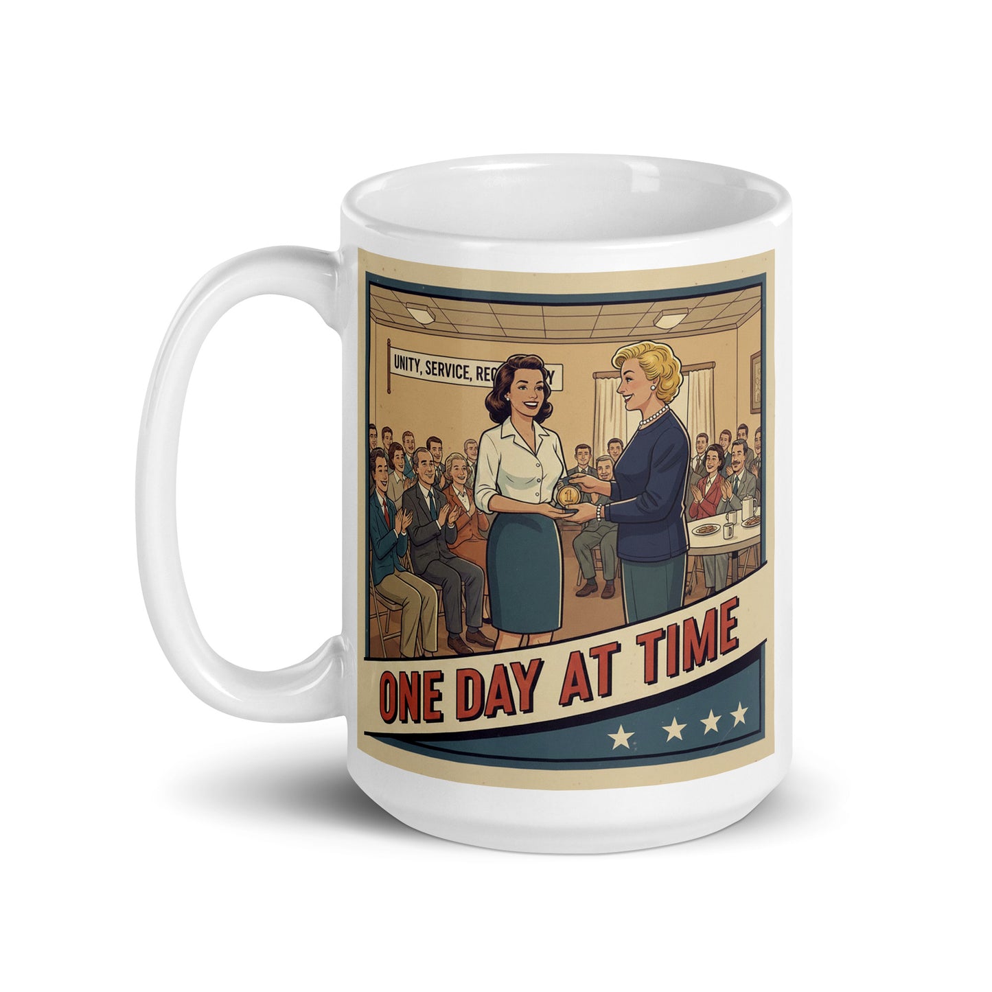 1940s retro sobriety coffee mug design featuring a woman receiving a one-year recovery medallion at a support meeting with “One Day at Time” vintage typography.