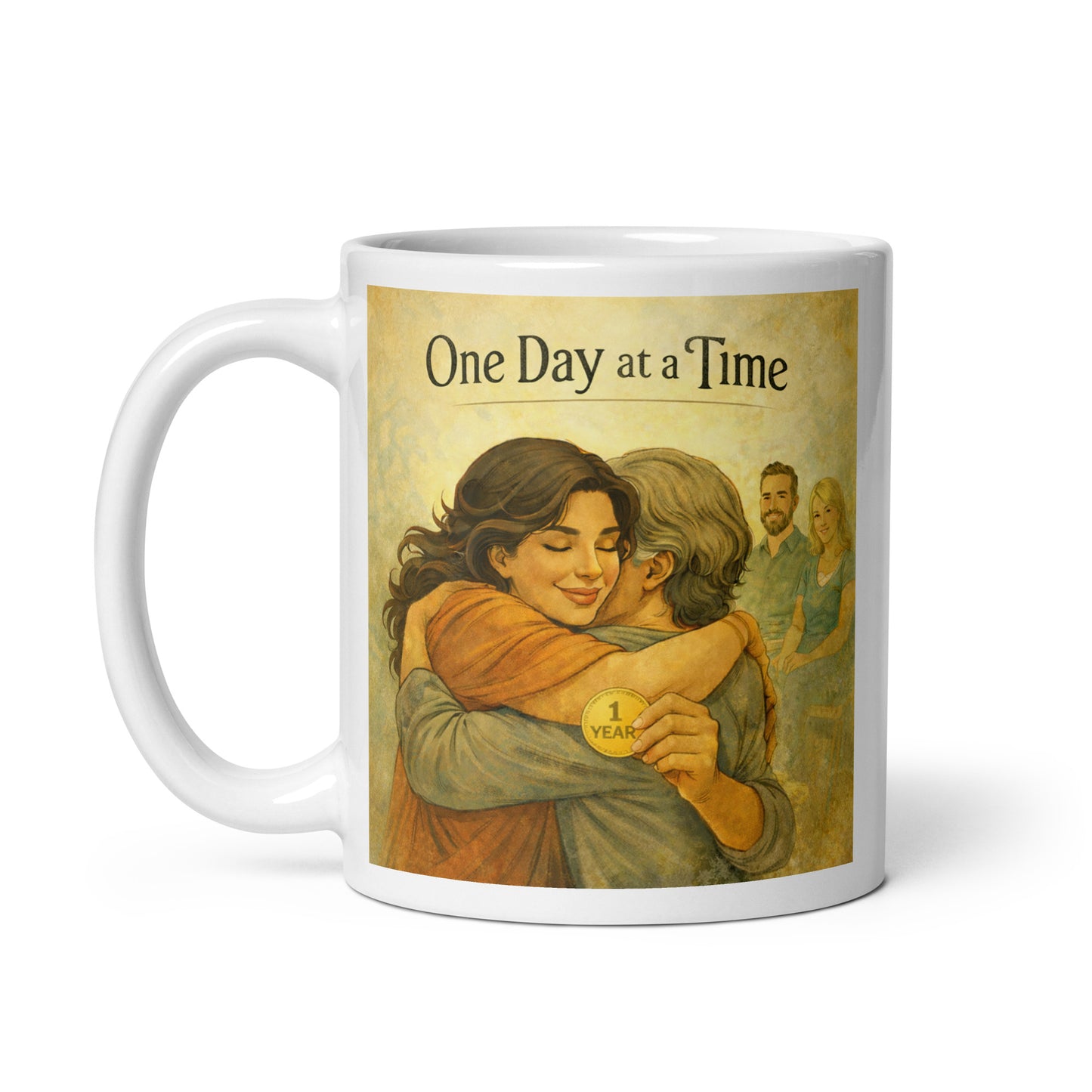 Touching Vintage style one day at a time sobriety coffee mug featuring two people embracing and holding a one year recovery medallion in warm retro artwork.