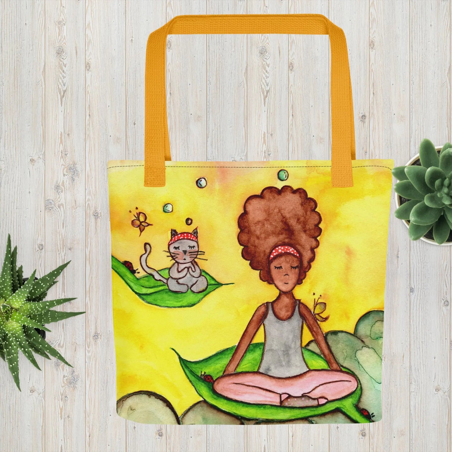 All-Over Print Tote Bag (cat and woman meditating)