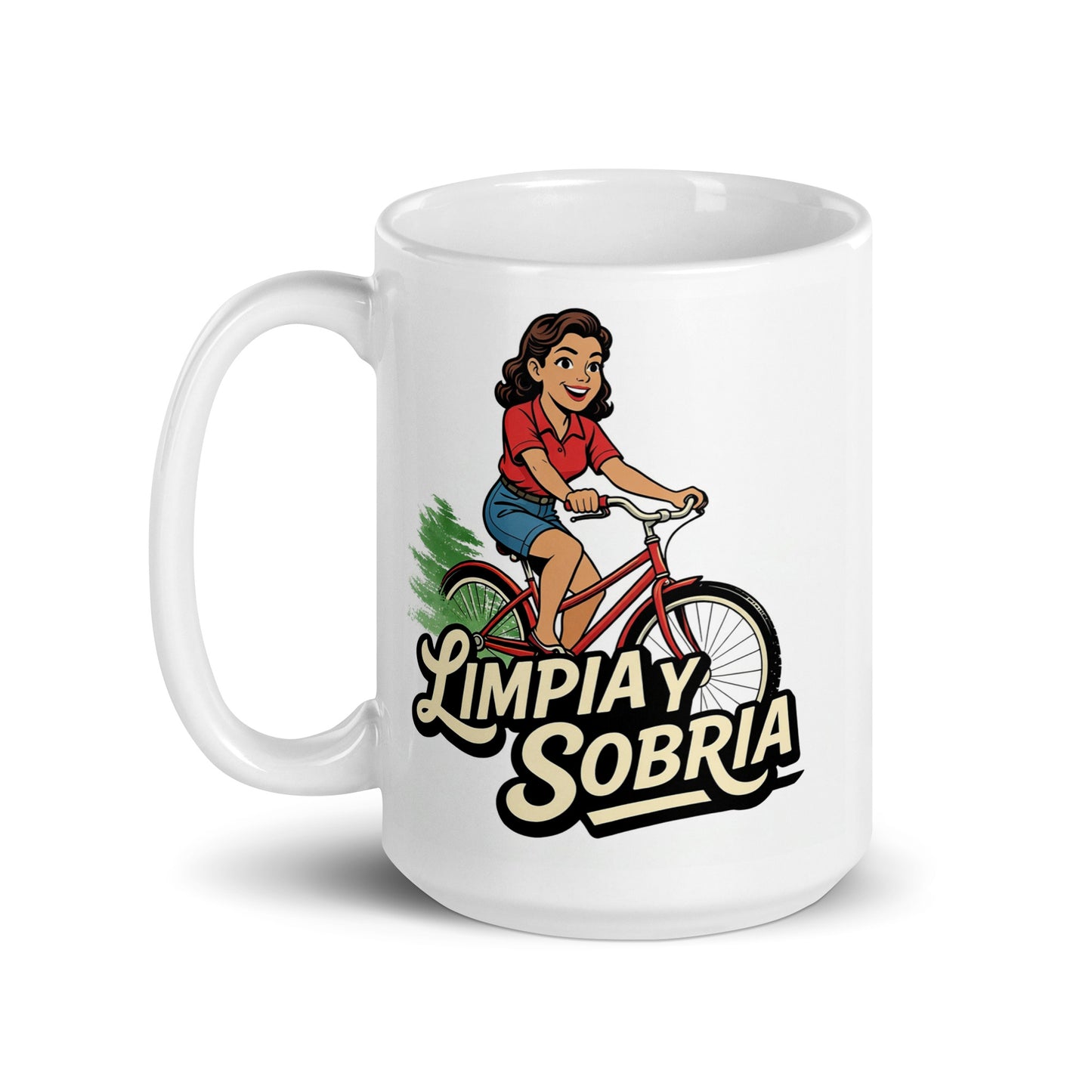 Hermosa y convincente Diseño retro en español para taza de café con mujer sonriente andando en bicicleta y texto “Limpia y Sobria”, inspirado en la recuperación, libertad y vida saludable sin alcohol.