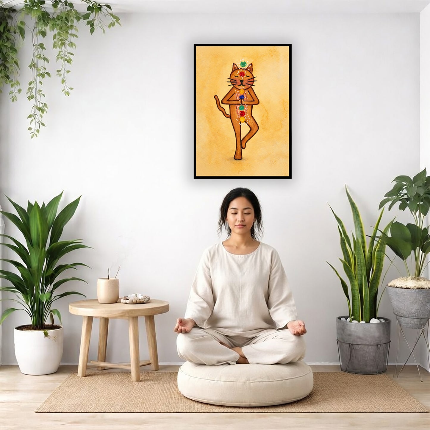 A brown cat standing in meditation with its chakras glowing framed poster. This is a print of the original hand-painted watercolor by Brazilian artist Thaís Suizo. There is a woman meditating on a pillow facing away from the wall. There is a small table beside her with incense and meditation stones. There are potted plants on the right and left side of the background.