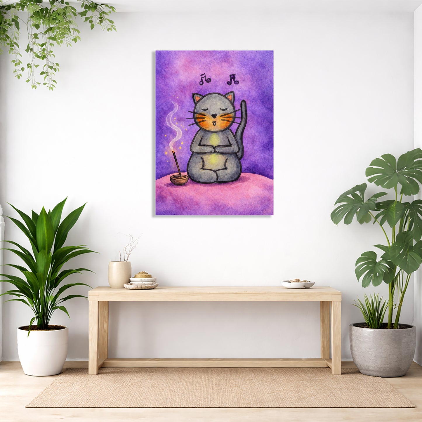 Meditating cat painting on a wall with plants and a table below