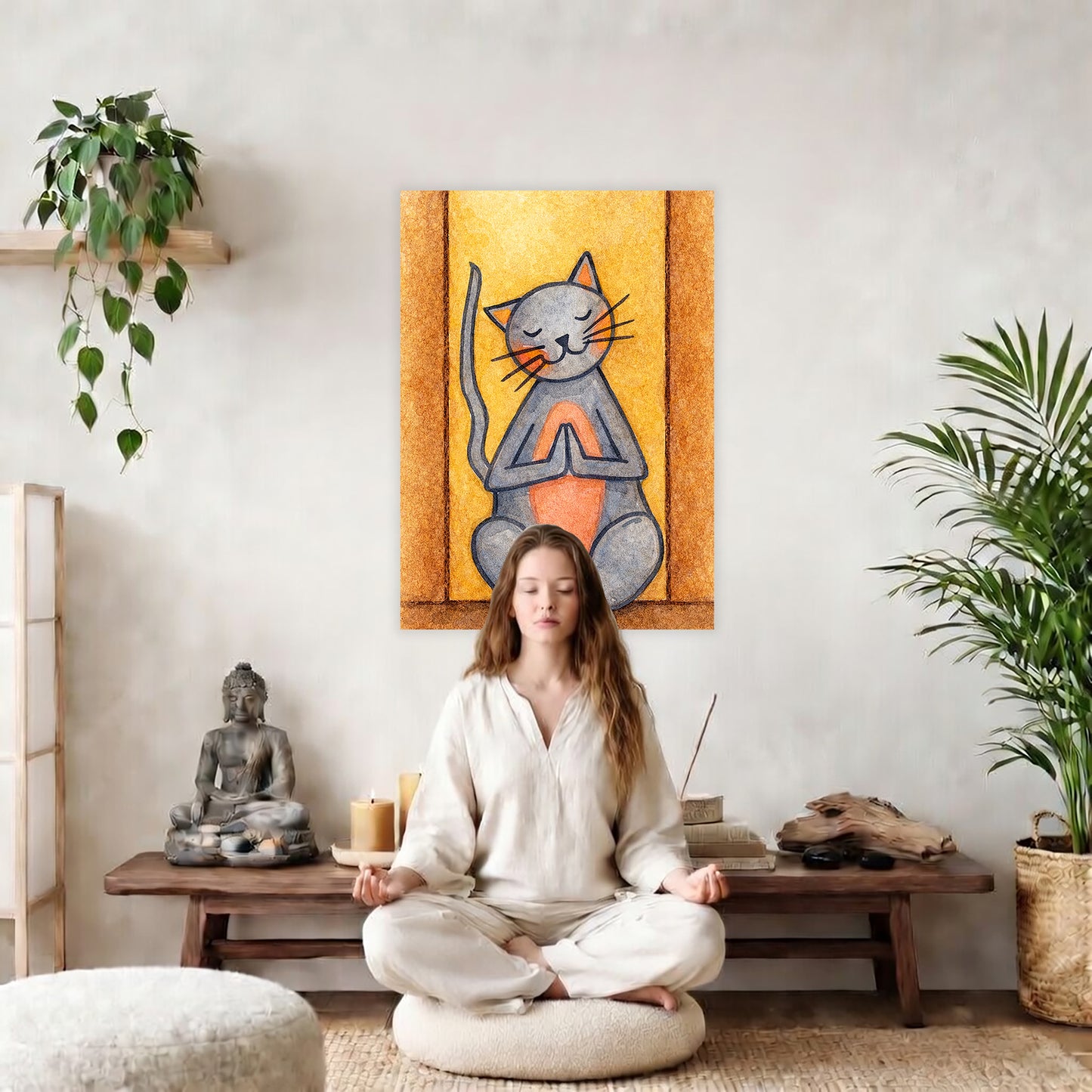 Poster of gray cat with a pink belly sitting in meditation, cute and calming illustration. The poster is in the center of the living room wall. There is a young woman meditating facing away from the wall. Behind her is a coffee table with incense and a Buddha statue. There are potted plants on the right and left side of the background. A large piece of driftwood is on the coffee table.