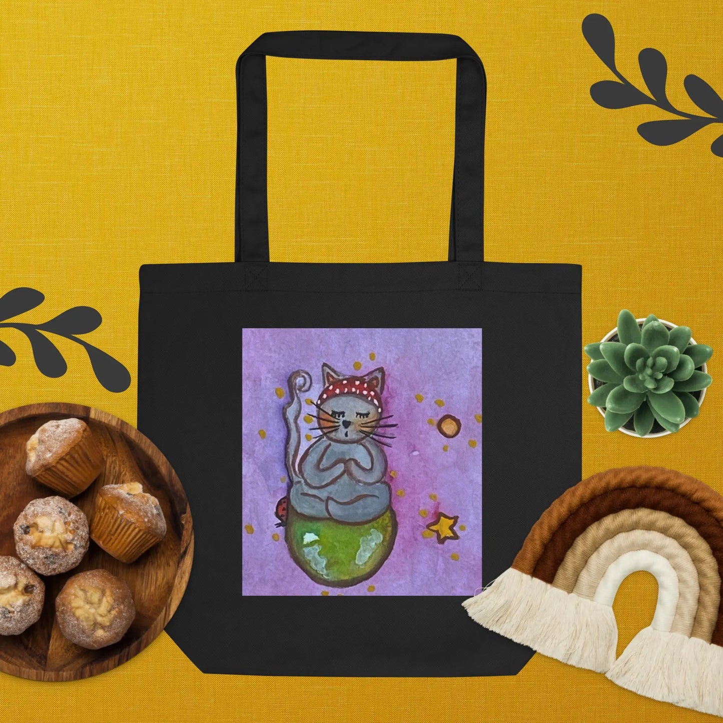 Eco Tote Bag (cat meditating on a small planet)