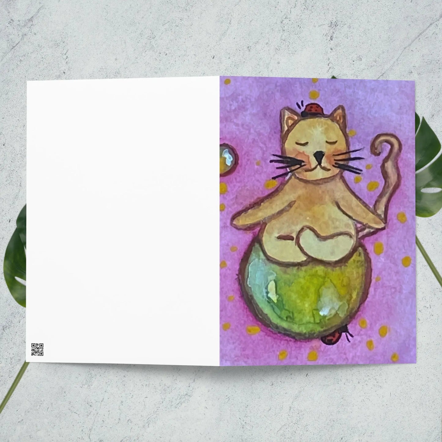 Greeting Card (brown cat meditating on a small planet)