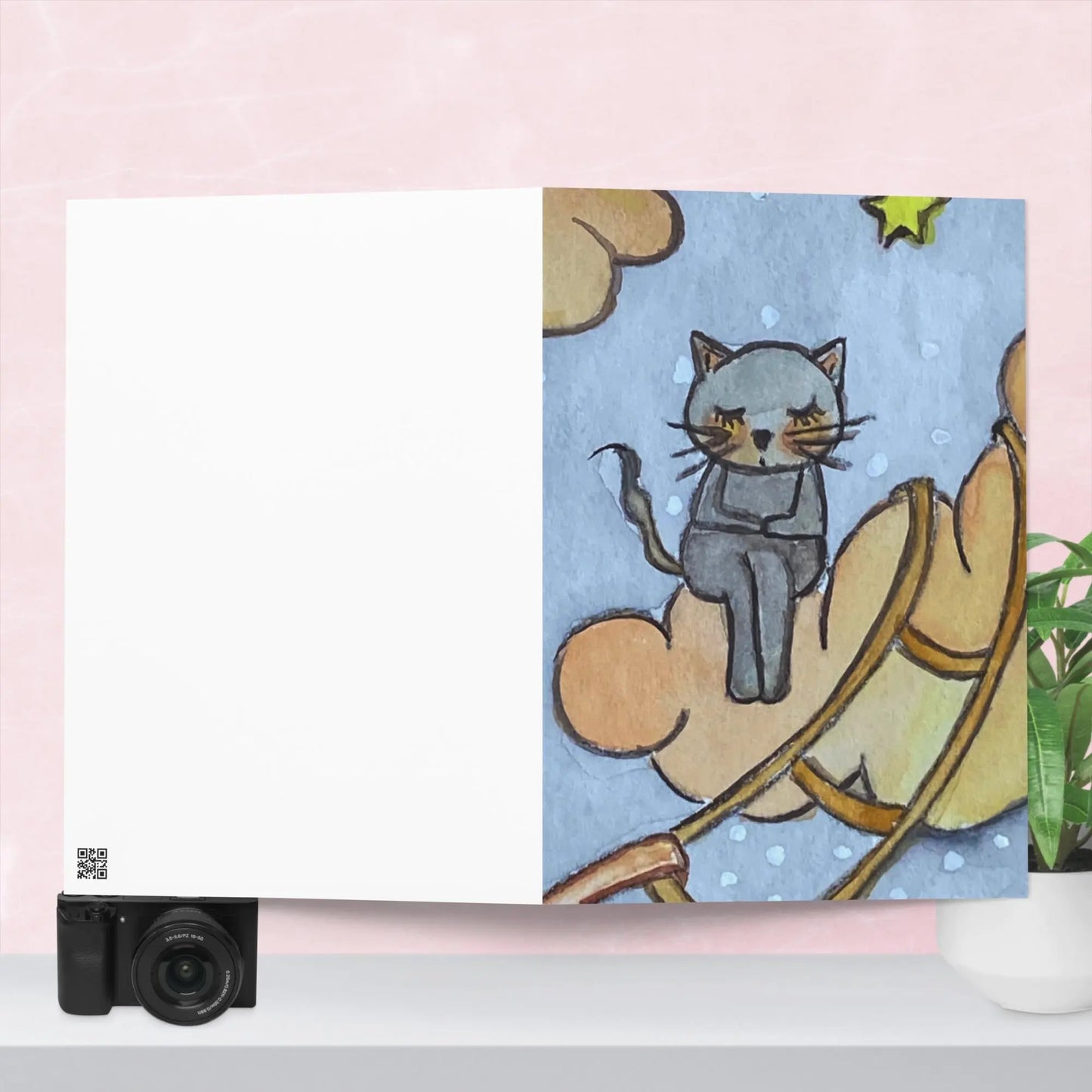 Greeting Card (blue cat meditating on a cloud - full view)