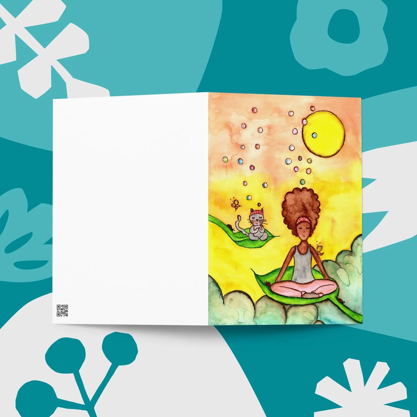 Greeting Card (cat and woman meditating)