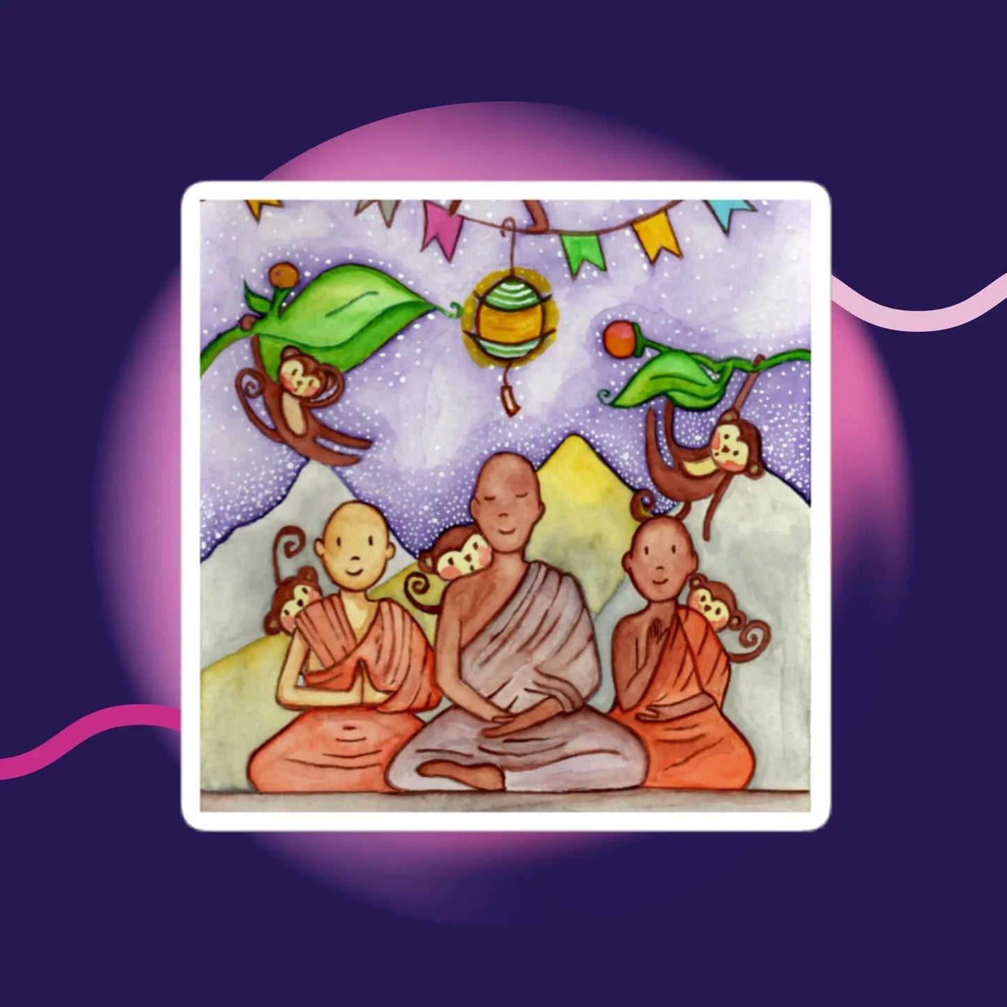 Bubble-Free Sticker (young monks learning to calm the monkey mind)