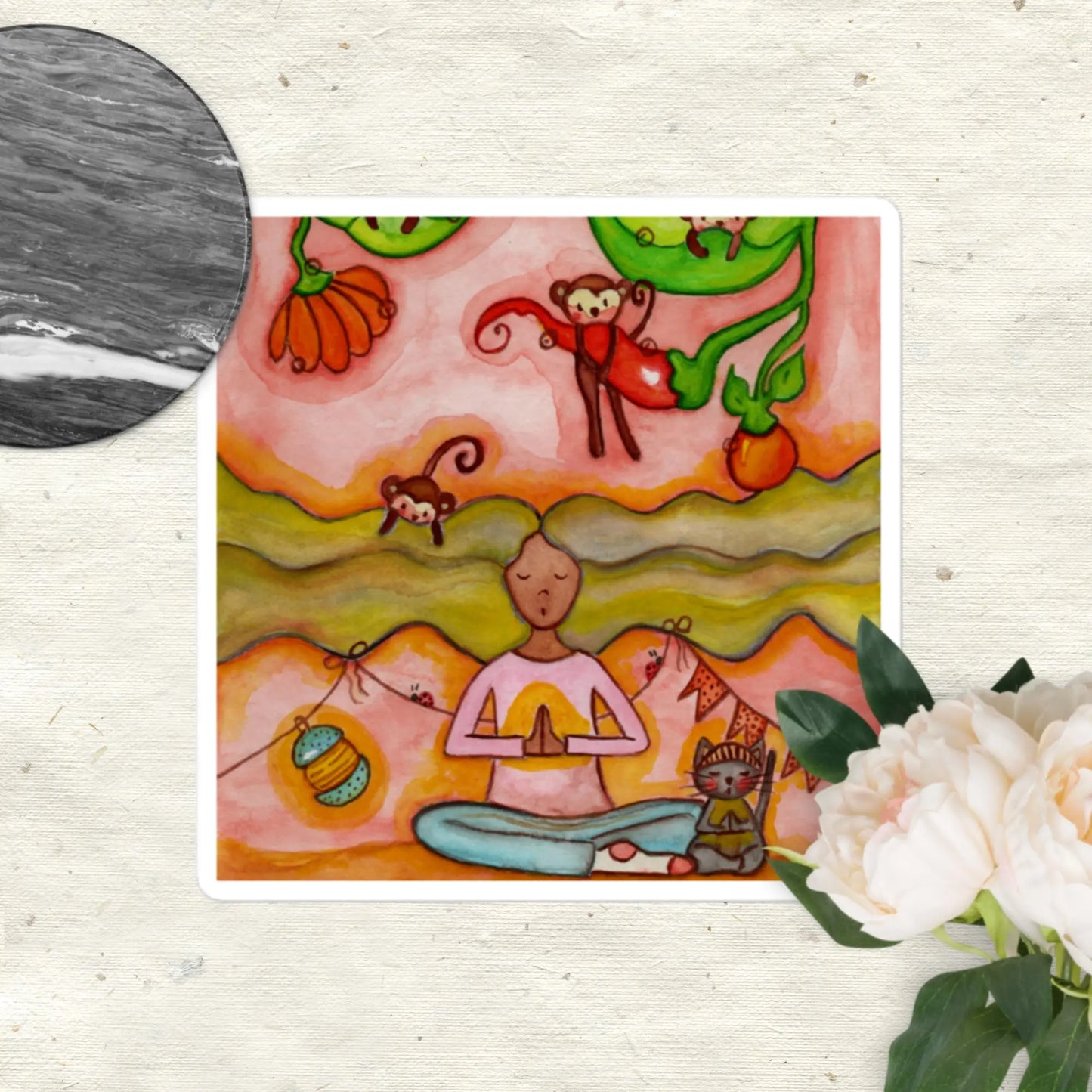 Bubble-Free Sticker (woman and her cat calming the monkey mind through meditation)