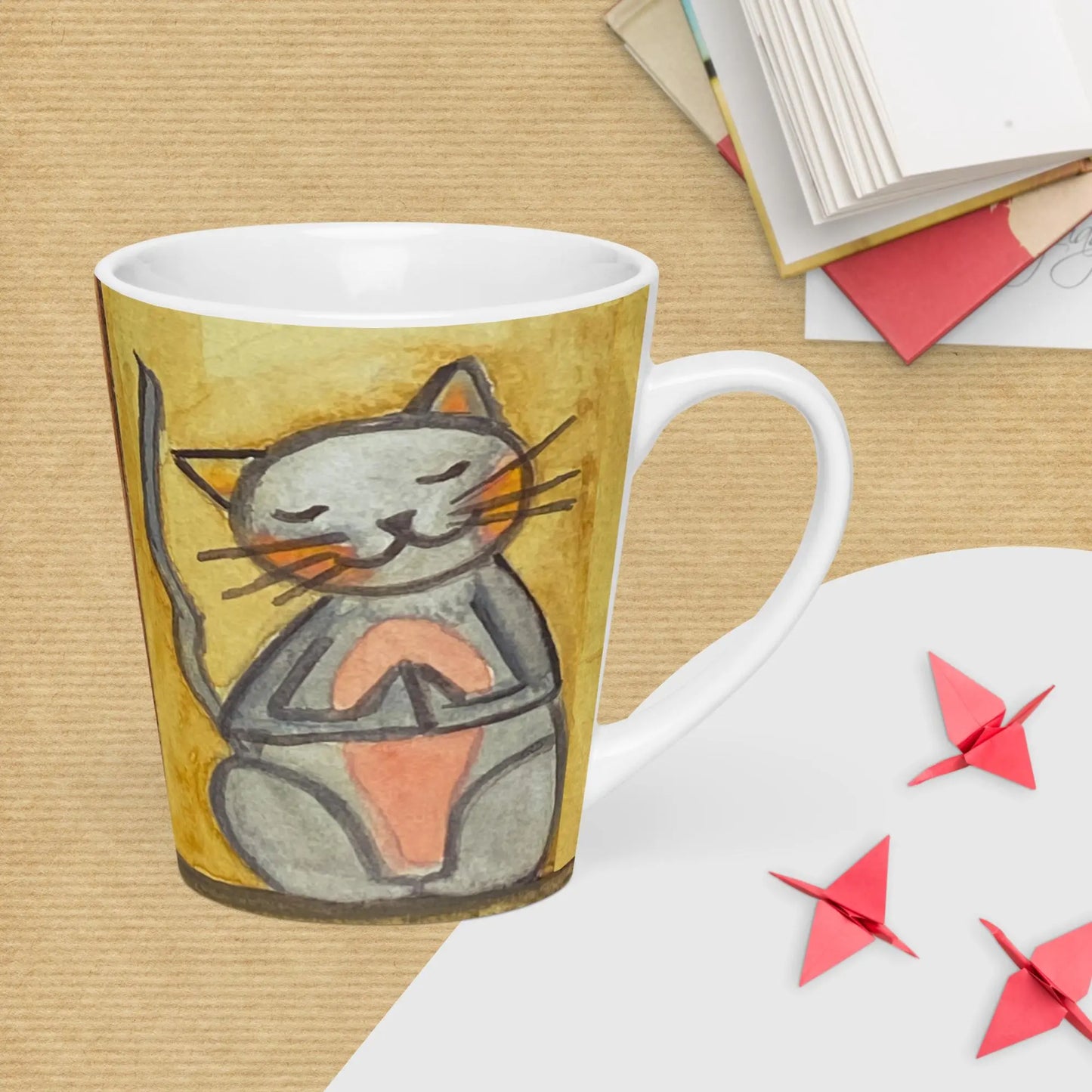 Latte Mug (cat meditating - brown background)