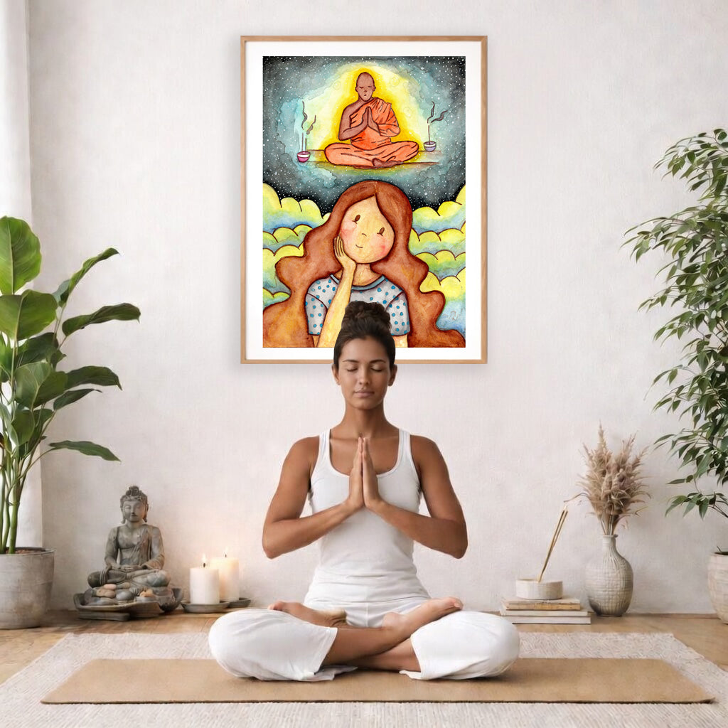 Poster of woman pondering taking up meditation and imagining the higher power that will guide her. The poster is framed and is in the center of the living room wall. A woman is meditating facing toward the front with praying hands. There is a potted green plant to her right and a potted green plant and Buddha statue to her left.