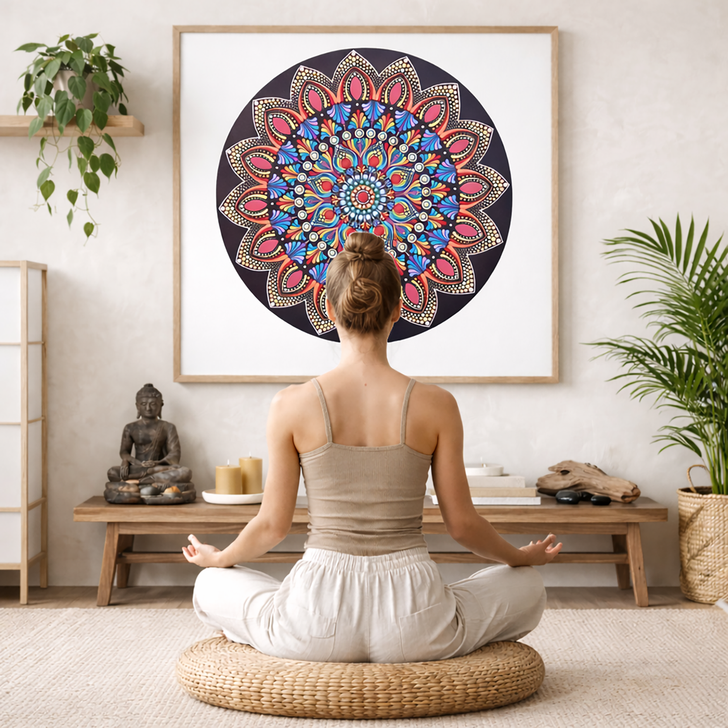 Mandala featuring a brilliant red center surrounded by calming circular colored patterns, striking meditation artwork on a poster. The mandala is framed hanging on a living room wall. A woman is mediating facing the mandala. There is a coffee table in front of her with burning candles and a Buddha statue. There are green potted plants on each side of the room.