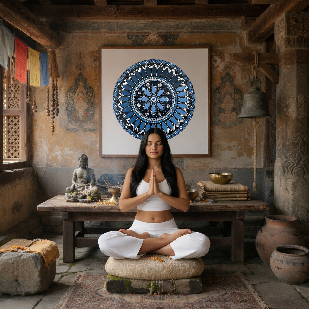 Intricate all blue mandala with layered circular symmetry and detailed geometric patterns, calming meditation artwork printed on a mindfulness poster. A woman is meditating in a Buddhist temple. The mandala is on the wall behind her. There is a table behind her with a Buddha statue on it and burning incense. To the left is an open window. To the left are some clay pots and a bell. The wall behind her has very old faded images on it.