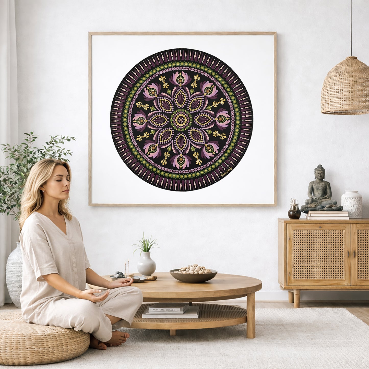 Mandala with bold magenta outer rim and intricate geometric layers, vibrant meditation design on a poster. The mandala poster is framed and is in the center of the living room wall. A woman is on a chair on the left side of his living room meditating. There is a green potted plant behind her. On the right side is a cabinet with a Buddha statue on it.