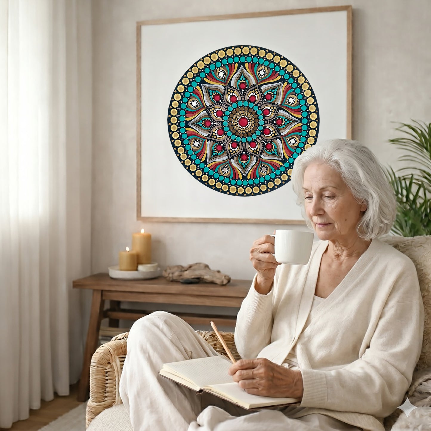 Mandala featuring a bold red center surrounded by intricate circular patterns, striking meditation artwork on a poster. The mandala poster is framed and is in the center of the living room wall. There is a coffee table below the poster with burning candles and a piece of driftwood There are curtains to the left of the table. An elderly woman is sitting in a wicker chair on the right side of the mandala with a cup of tea writing in her journal.