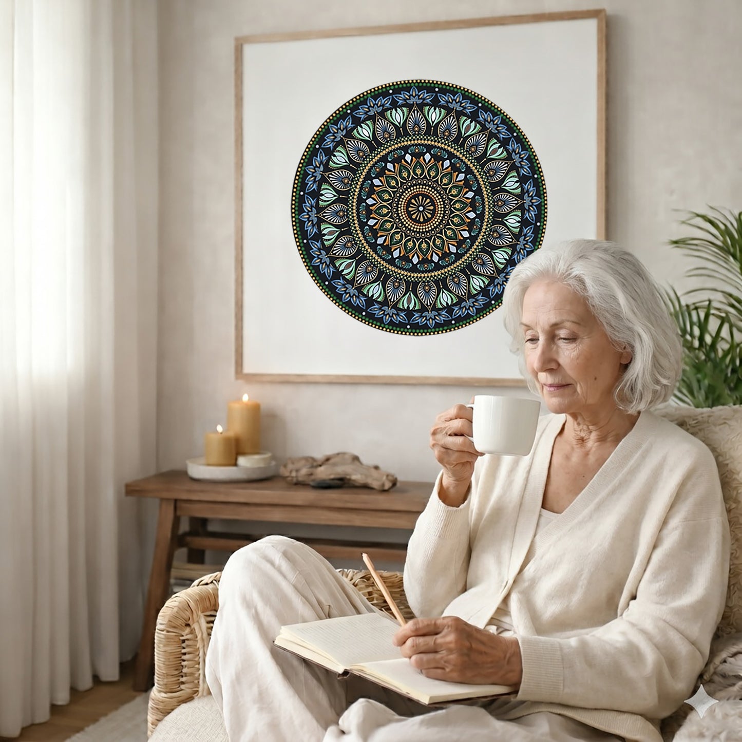 Mandala with detailed green turquoise patterns and gold outer rim, symmetrical meditation artwork with vibrant contrast printed on a mindfulness poster. The poster is in the center of the living room wall. There is a coffee table below the poster with burning candles. A woman is sitting in a wicker chair on the right side of the poster with a cup of tea writing in her journal.