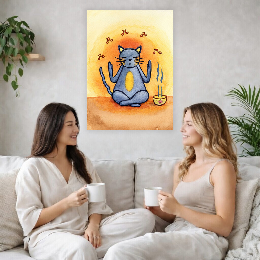 Poster of a gray cat chanting in meditation with incense smoke rising beside it. The poster is in the center of the living room wall. Two female friends are having tea, grapes and cookies on a coffee table in front of the poster. On the left there is a green potted plant and to the right there is a hanging lamp.