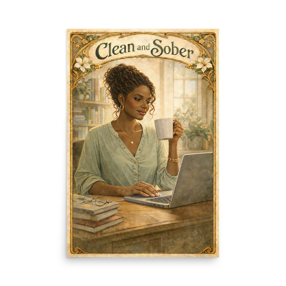 Vintage-inspired “Clean and Sober” poster featuring a woman working on a laptop while holding a coffee mug, surrounded by elegant floral Art Nouveau-style borders in warm neutral tones.