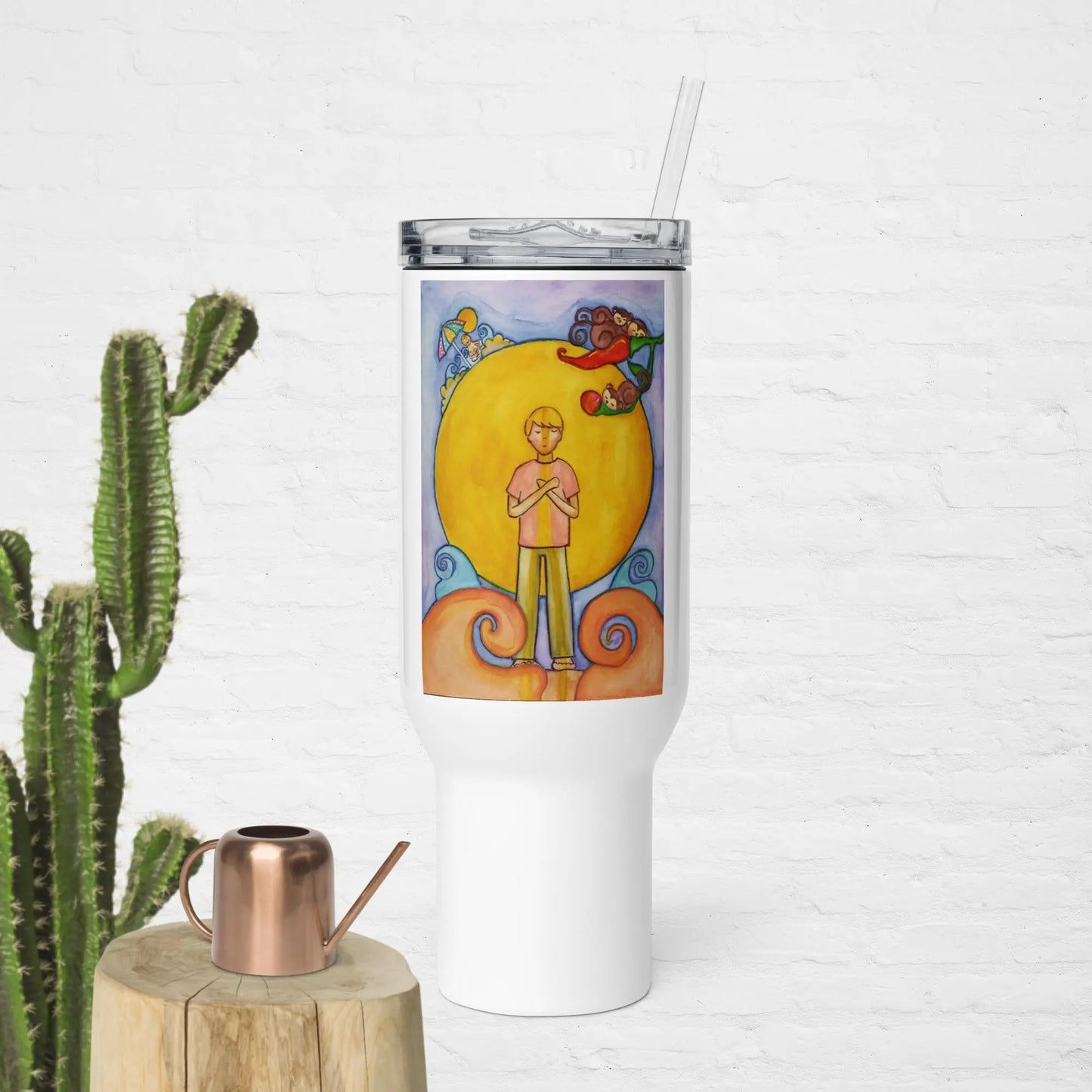 Travel Mug with Handle (meditating in front of the sun)