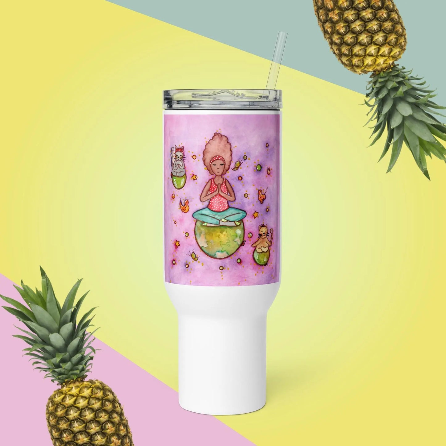 Travel Mug with Handle (cats and woman meditating)