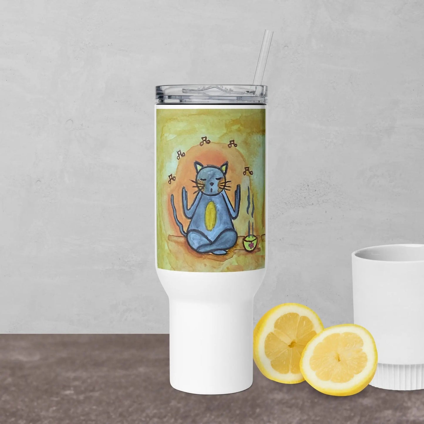 Travel Mug (cat chanting with incense burning)