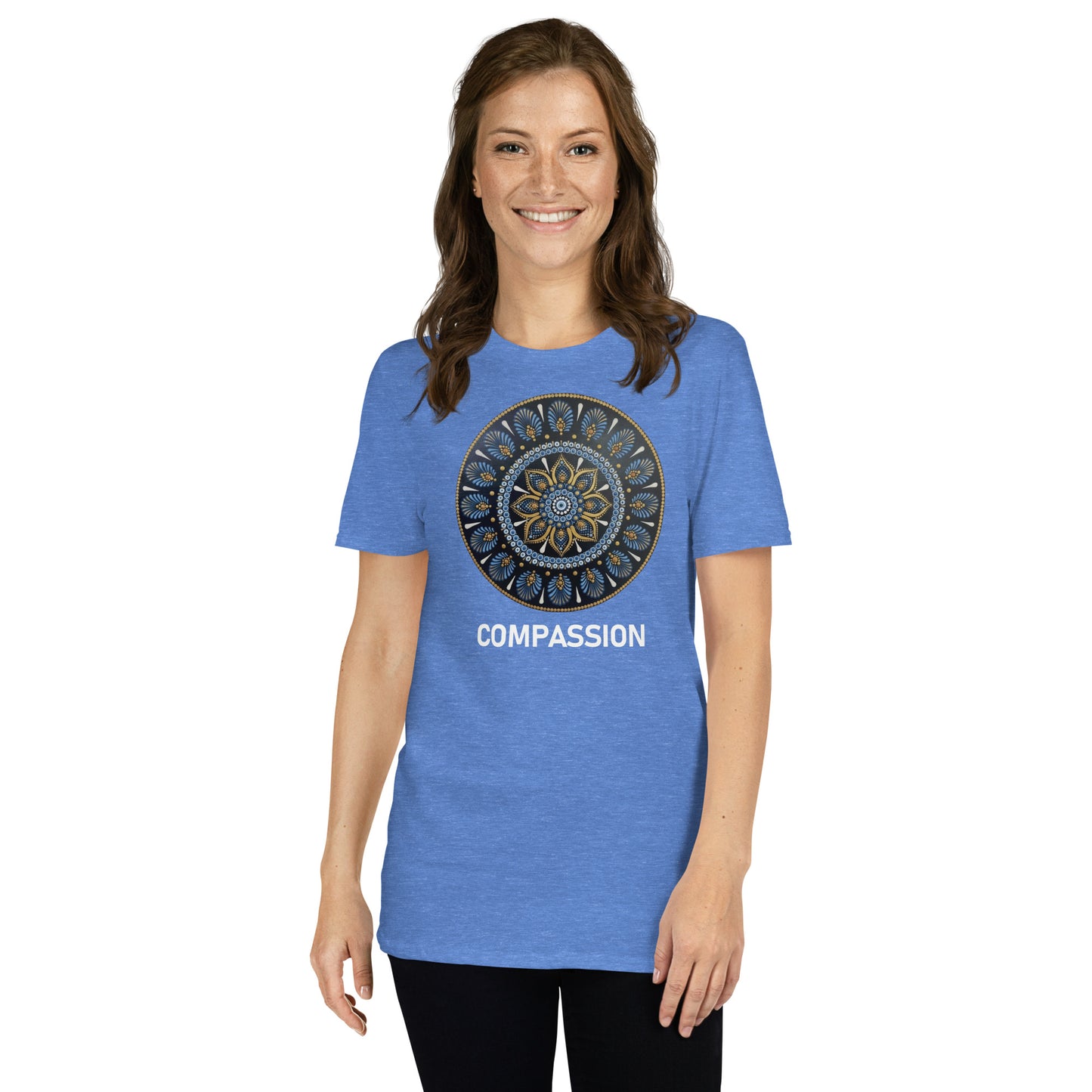 Unisex Softstyle T-Shirt (mandala with gold rim on front | COMPASSION in white lettering)