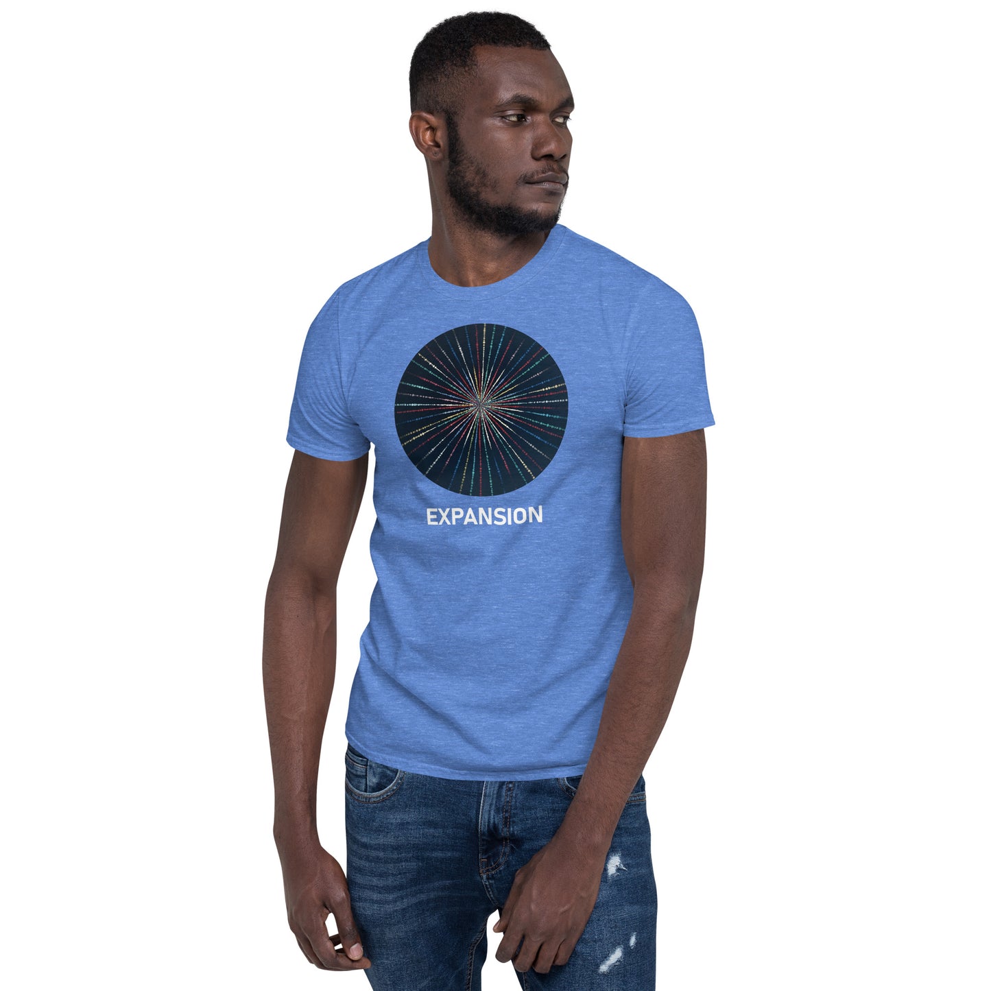 Unisex Softstyle T-Shirt (mandala with streams of light on front | EXPANSION in white lettering)