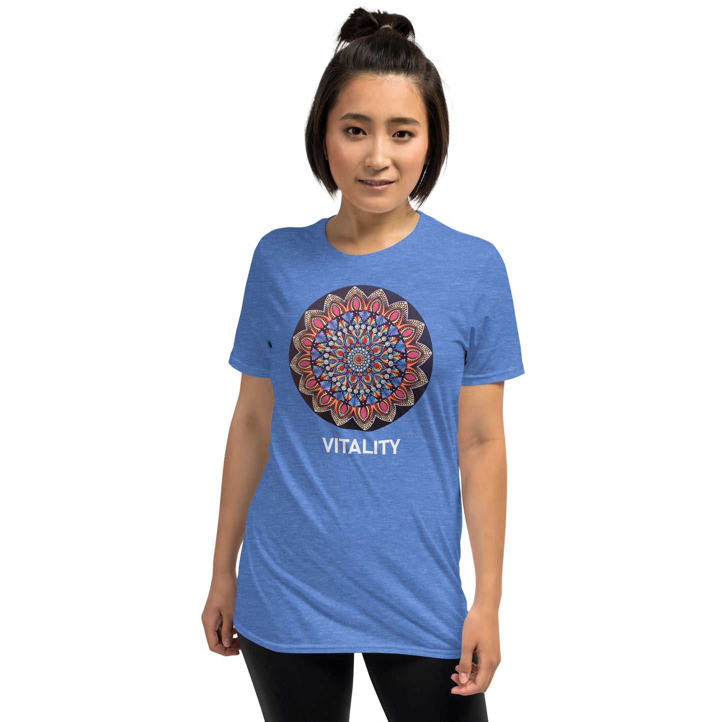 Unisex Softstyle T-Shirt (mandala with pink petals | on front | VITALITY in white lettering)