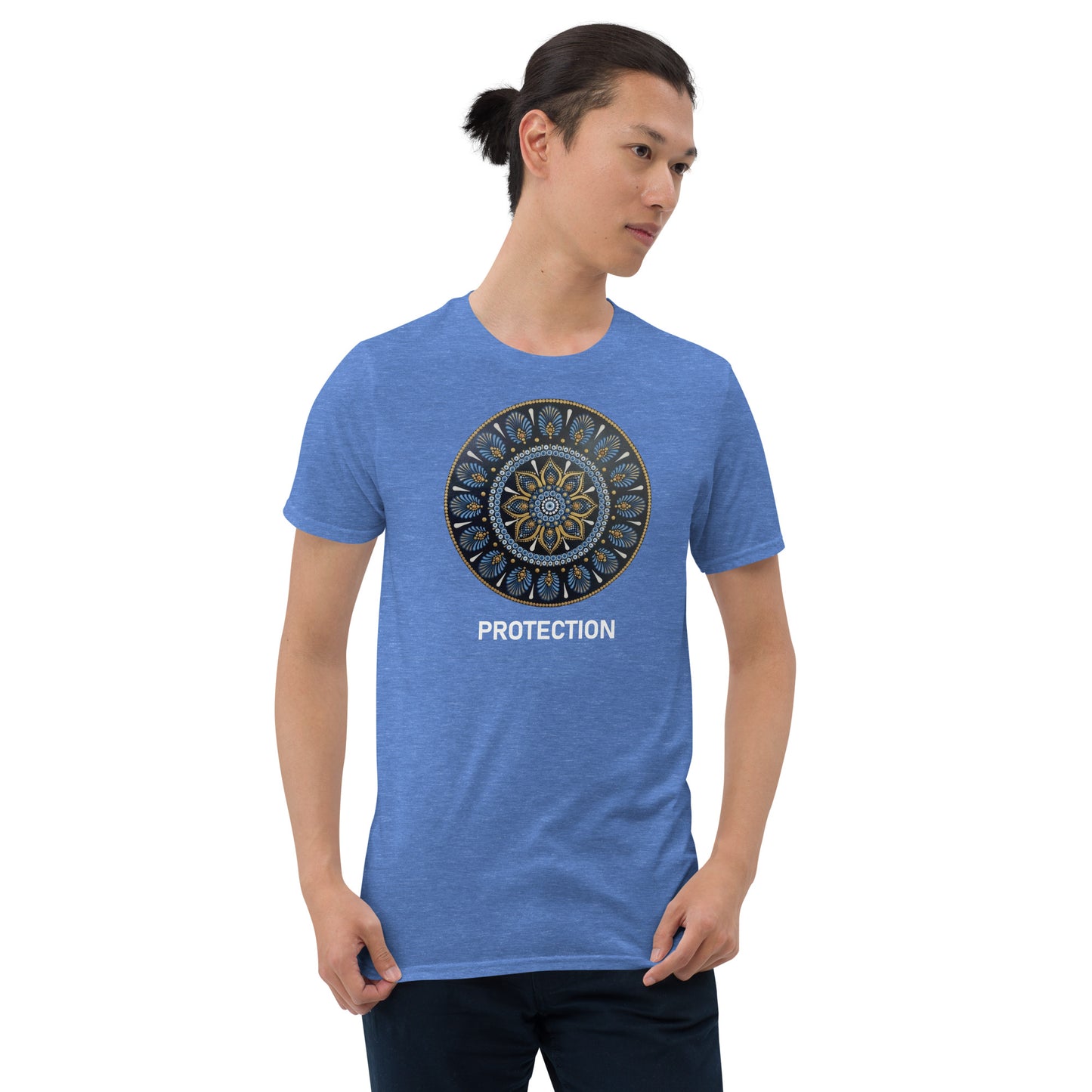 Unisex Softstyle T-Shirt (mandala with gold outer rim | on front | PROTECTION in white lettering)