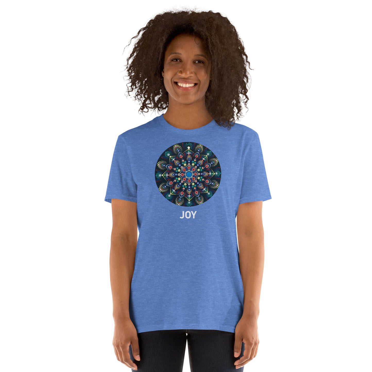 Unisex Softstyle T-Shirt (mandala with colorful dots | on front | JOY in white lettering)