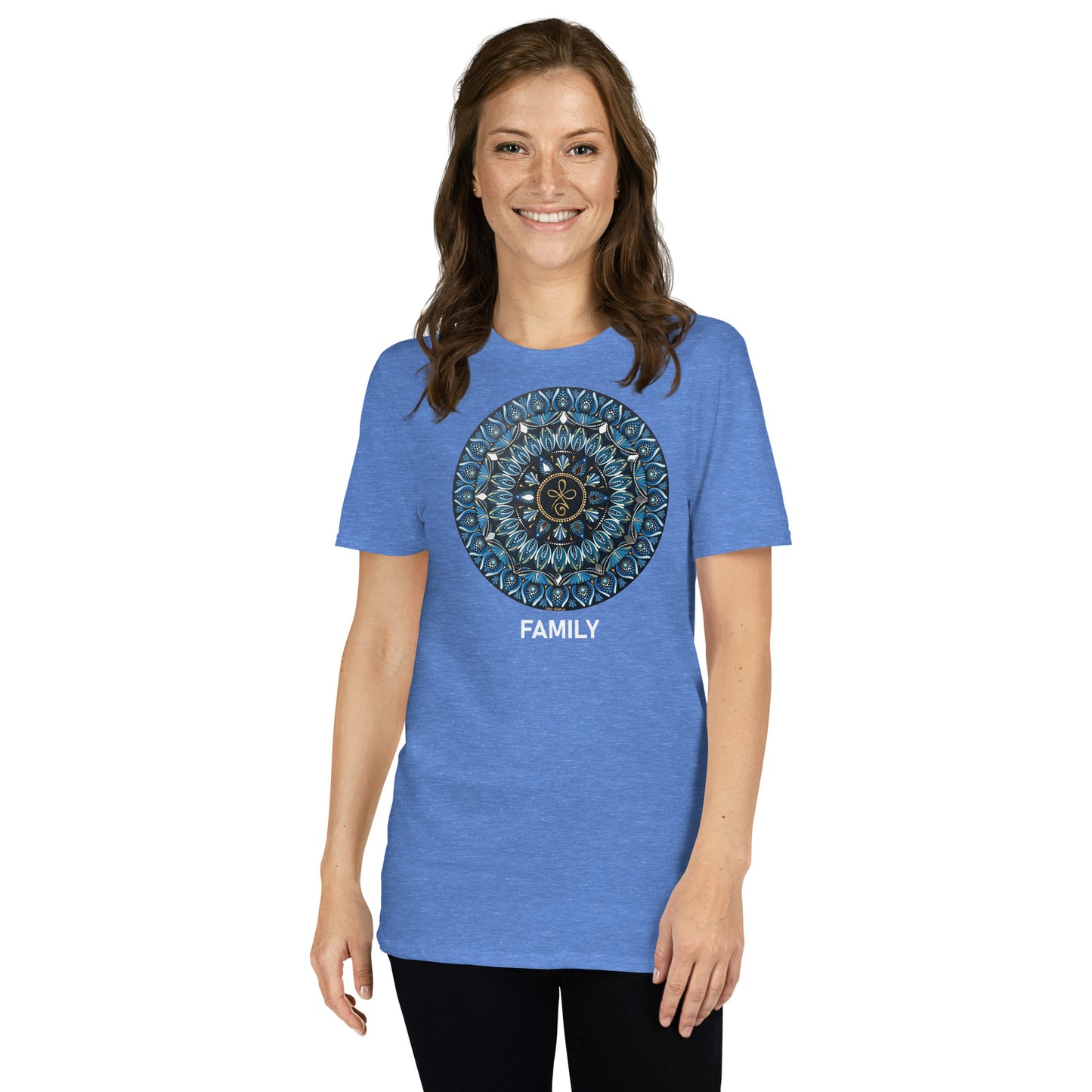 Unisex Softstyle T-Shirt (mandala with 3 loops in core | on front | FAMILY in white lettering)