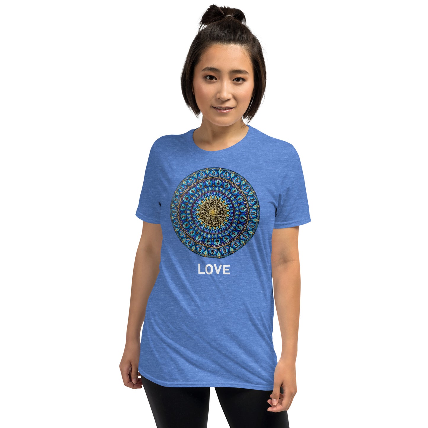Unisex Softstyle T-Shirt (mandala with golden core | on front | LOVE in white lettering)