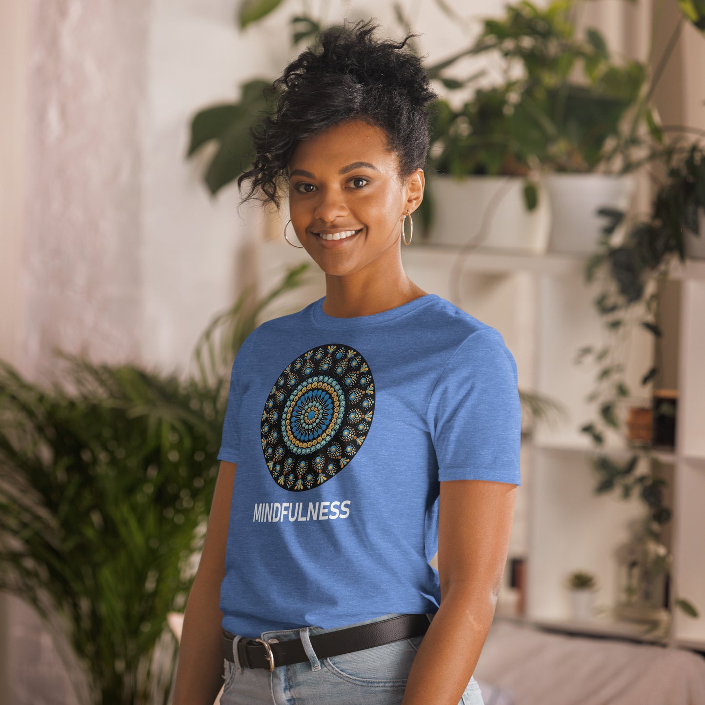 Unisex Softstyle T-Shirt (mandala with blue dots and black back | on front | MINDFULNESS in white lettering)