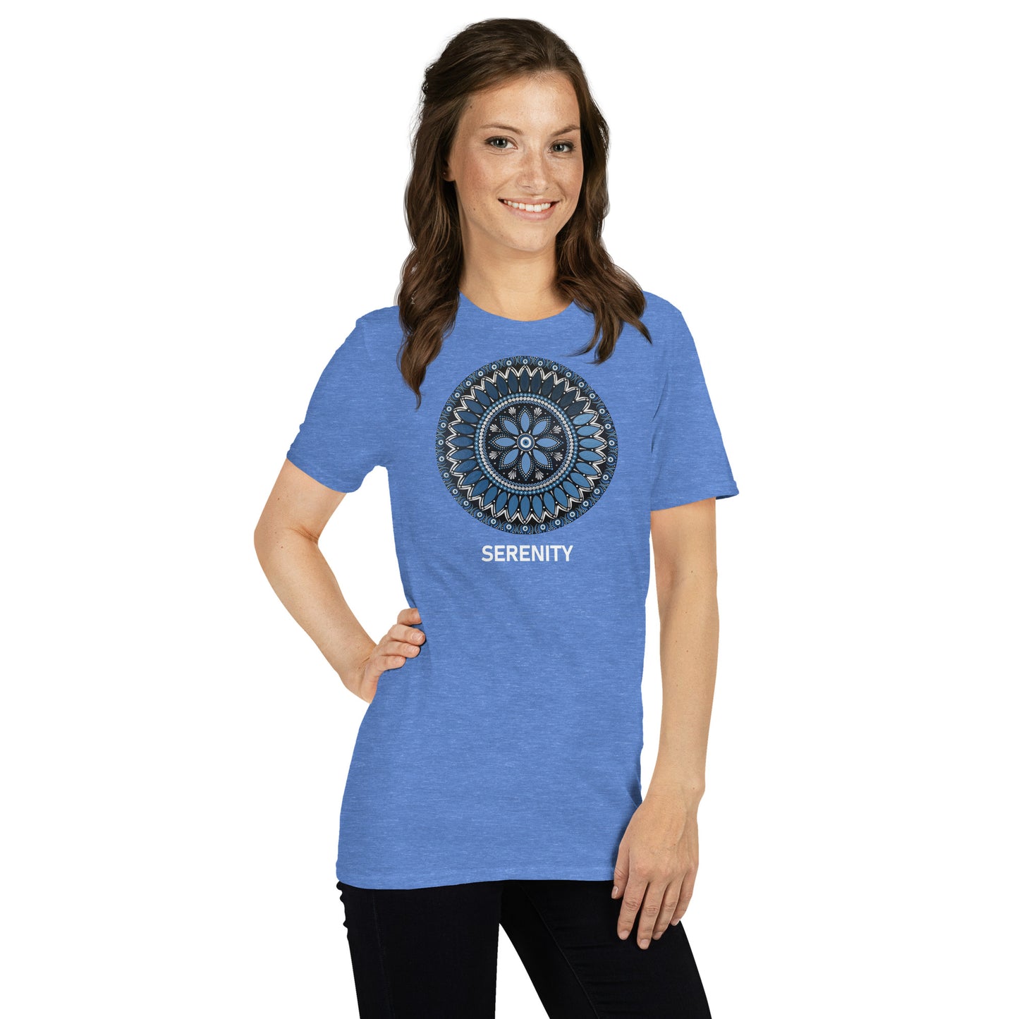 Unisex Softstyle T-Shirt (mandala with blue and white core | on front | SERENITY in white lettering)
