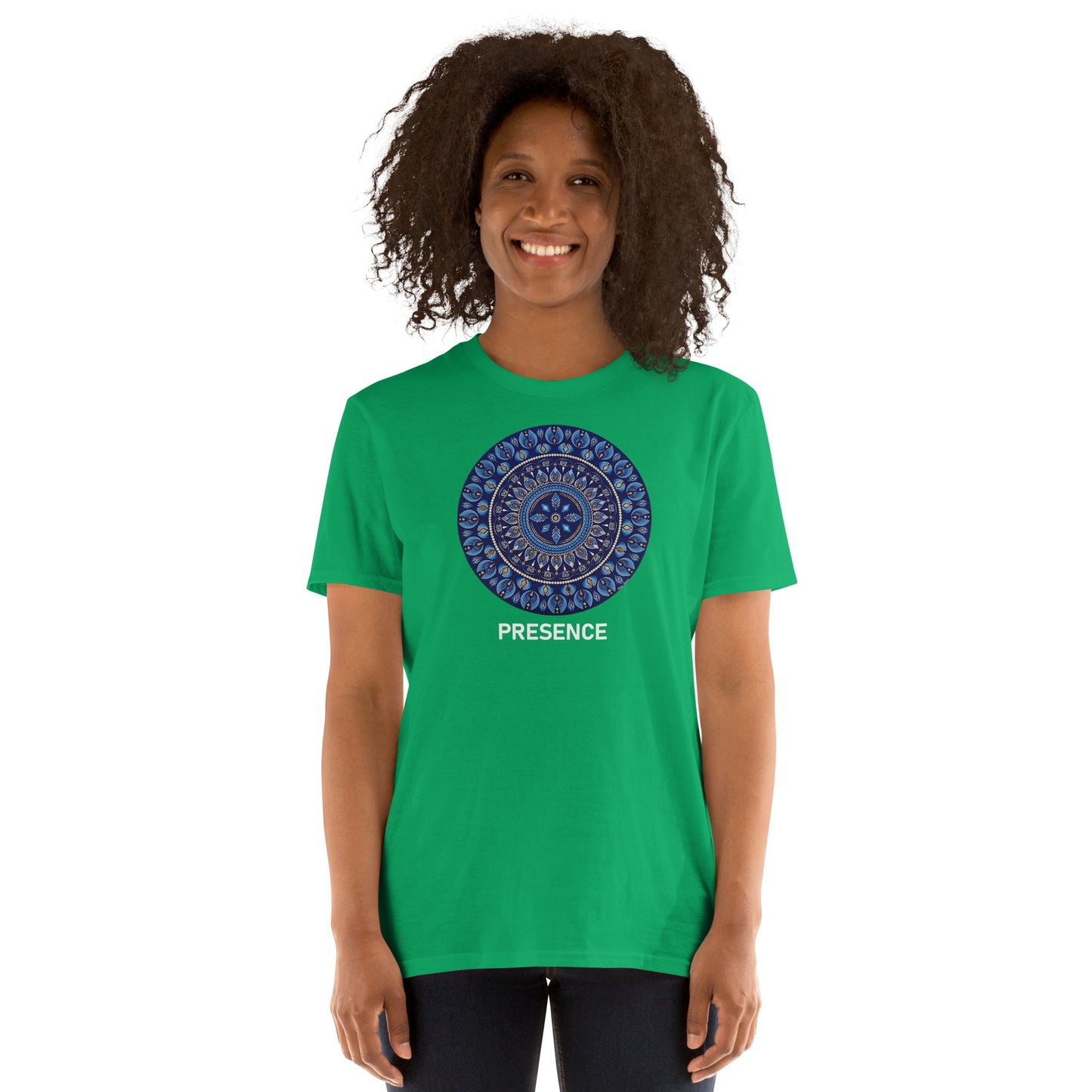 Unisex Softstyle T-Shirt (mandala with 4 diamonds | on front | PRESENCE in white lettering)