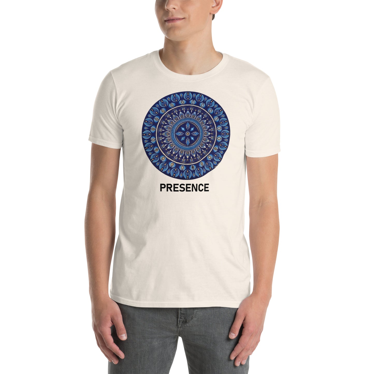 Unisex Softstyle T-Shirt (mandala with 4 diamonds | on front | PRESENCE in black lettering)