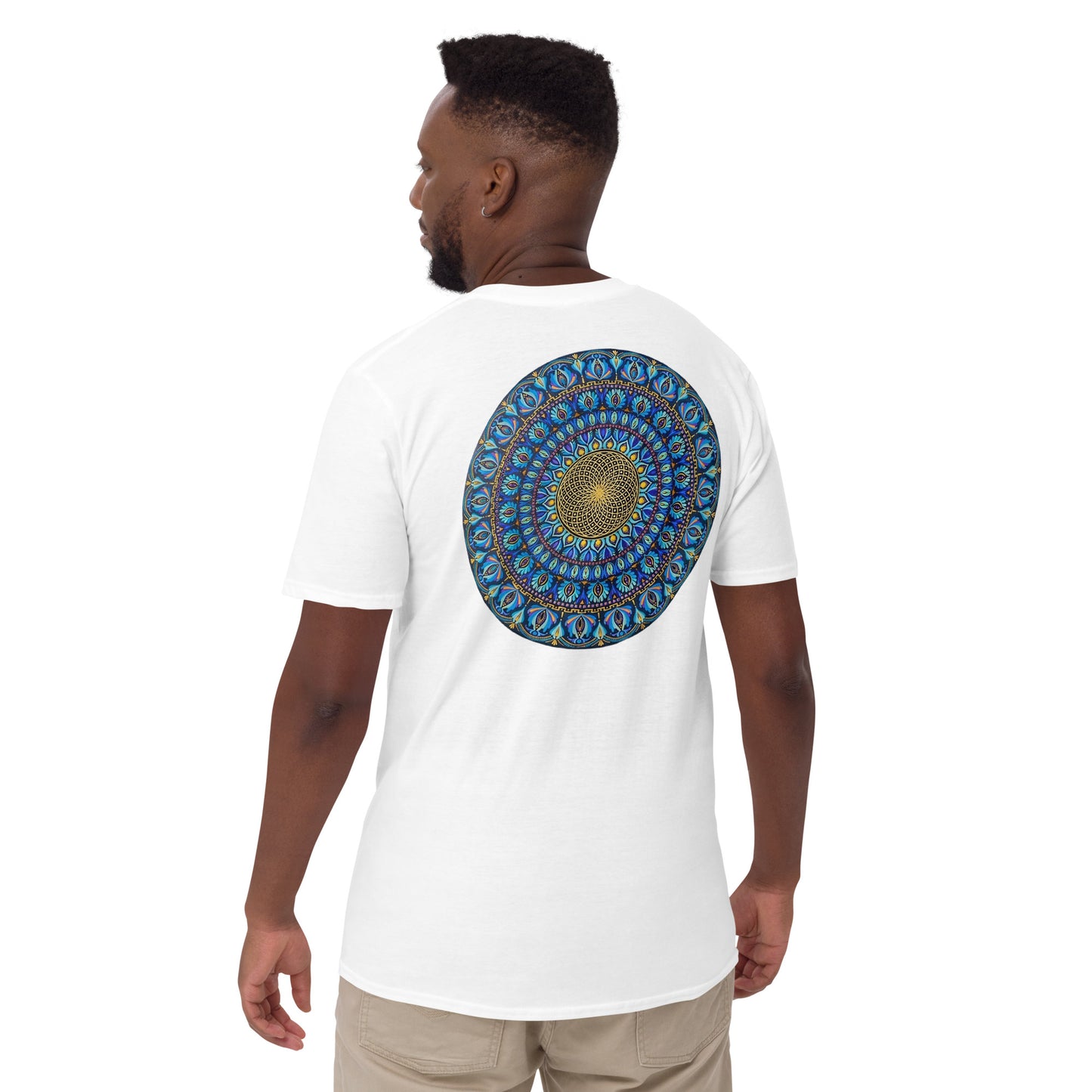 Unisex Softstyle T-Shirt (mandala with golden core on back | FLOW in black lettering on front)