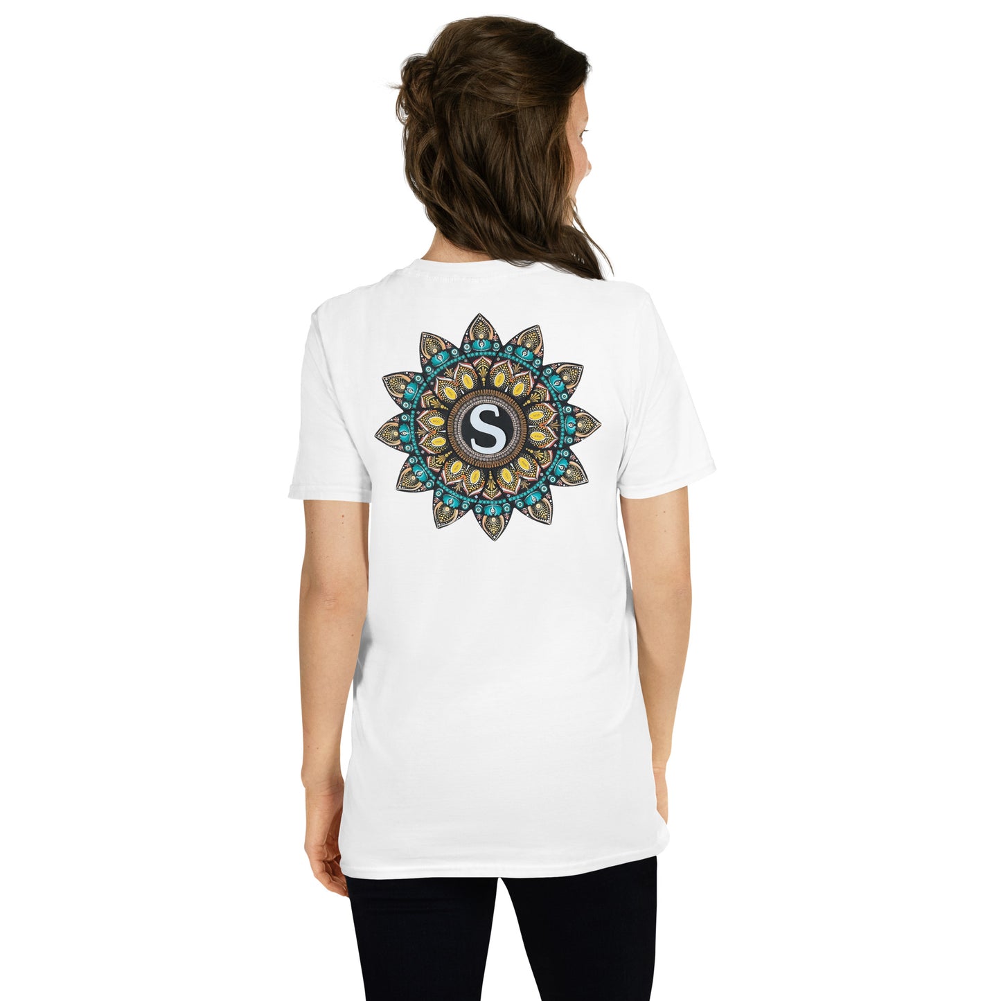 Unisex Softstyle T-Shirt (mandala with "S" in core on back | SHINE in black lettering on front)