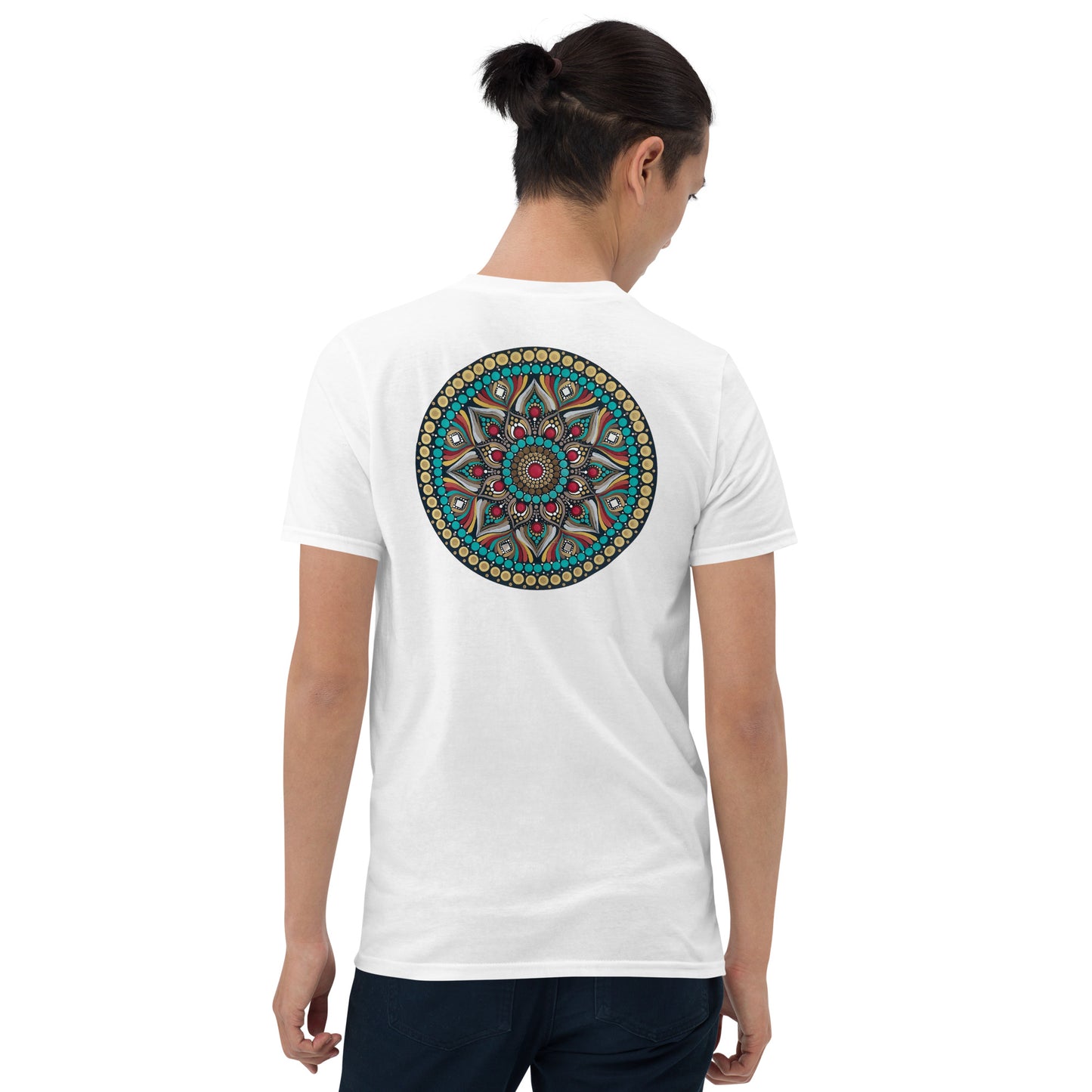 Unisex Softstyle T-Shirt (mandala with red core on back | PURPOSE in black lettering on front)