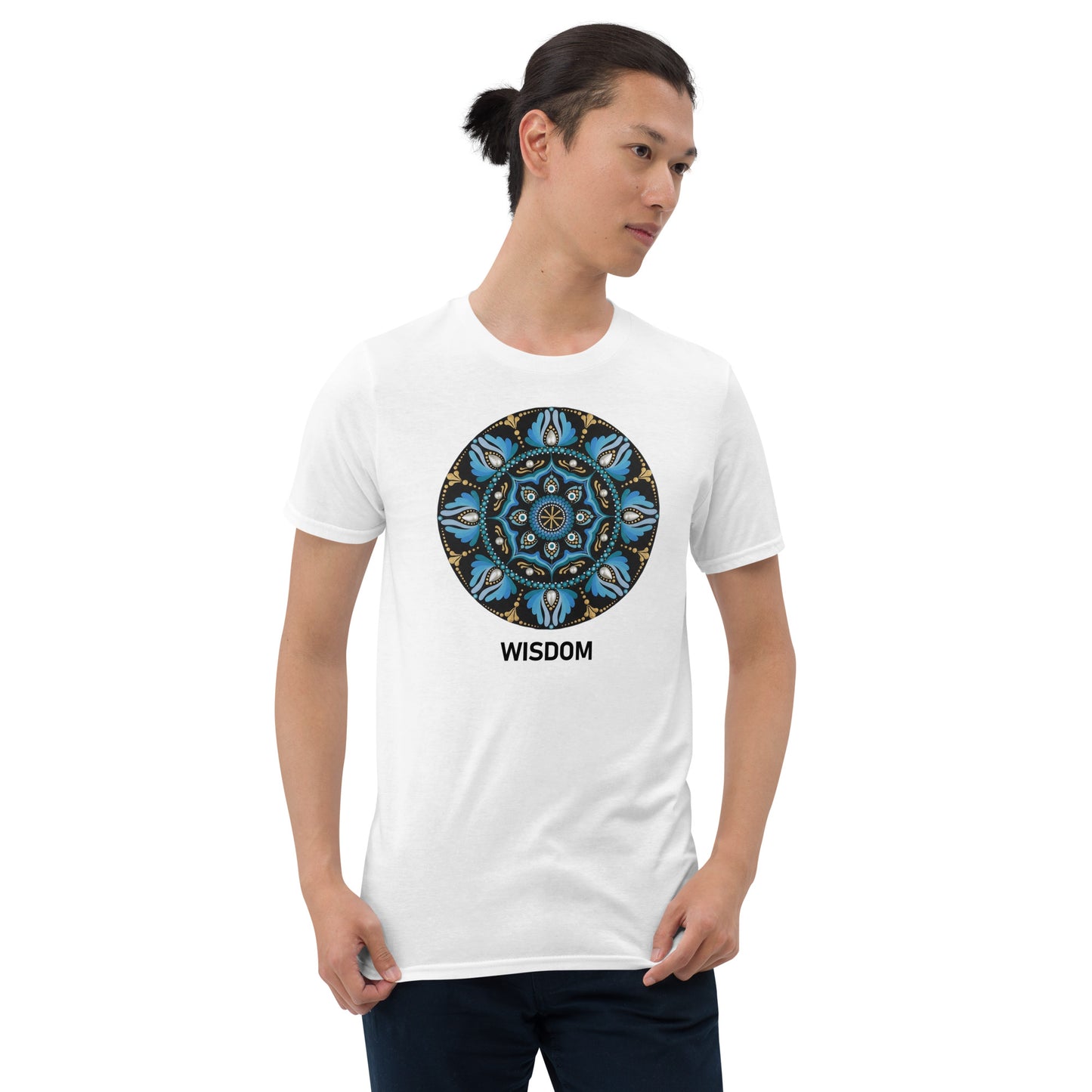 Unisex Softstyle T-Shirt (mandala with spokes in core | on front | WISDOM in black lettering)