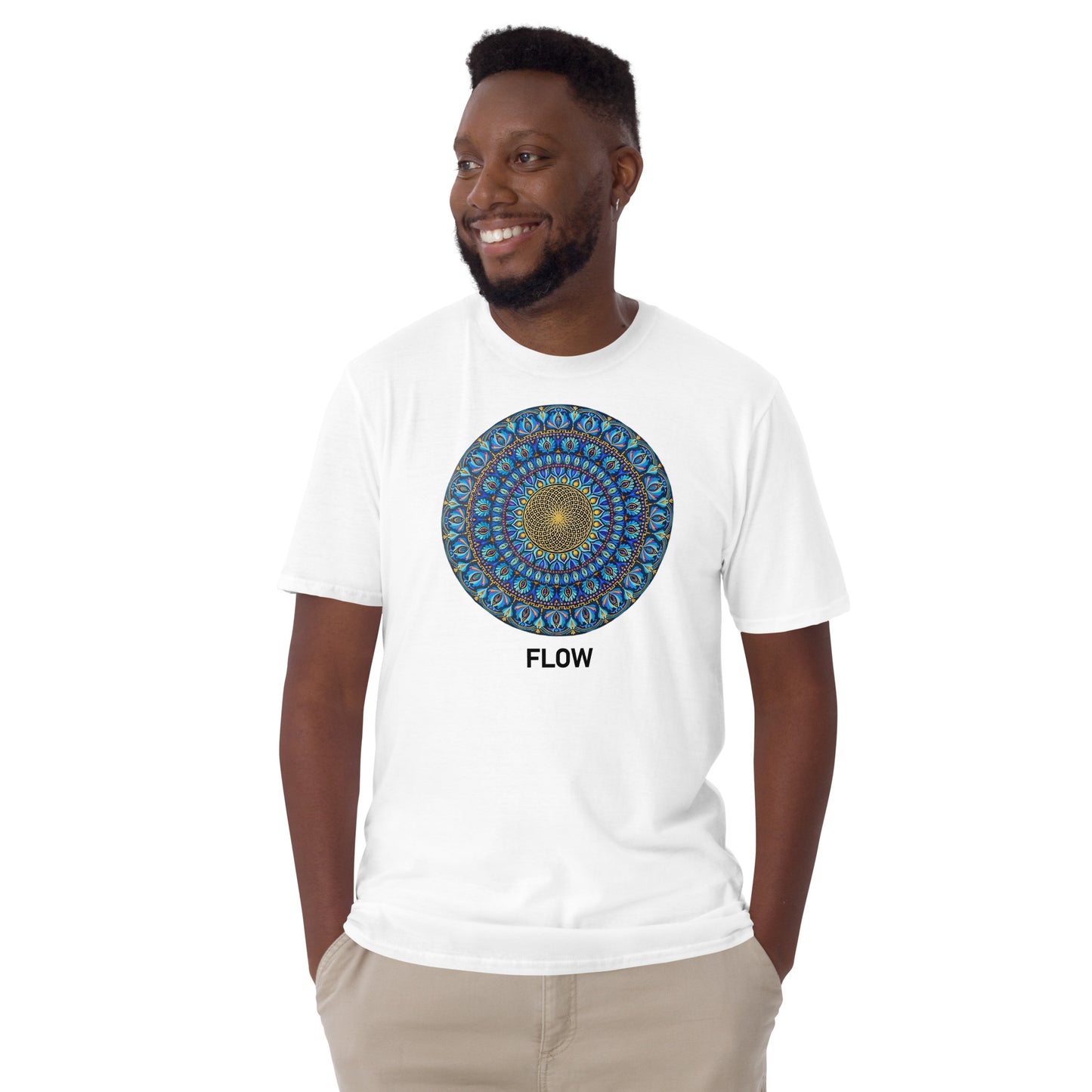 Unisex Softstyle T-Shirt (mandala with golden core | on front | FLOW in black lettering)